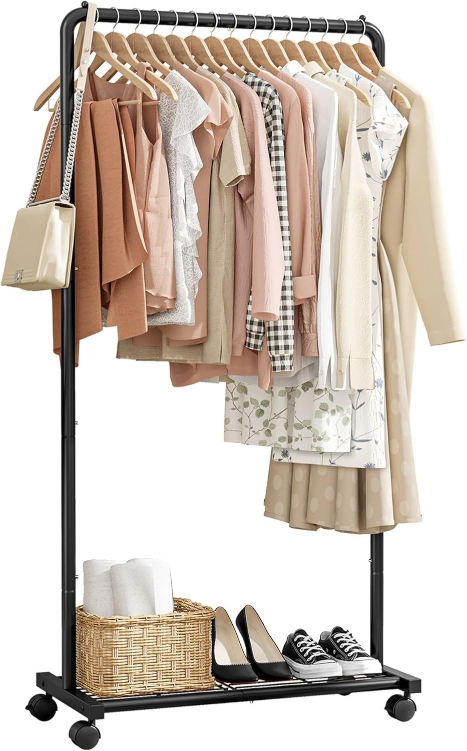 Compact Heavy-Duty Clothing Rack with Movable Shelves & Casters – 28×16.9×59