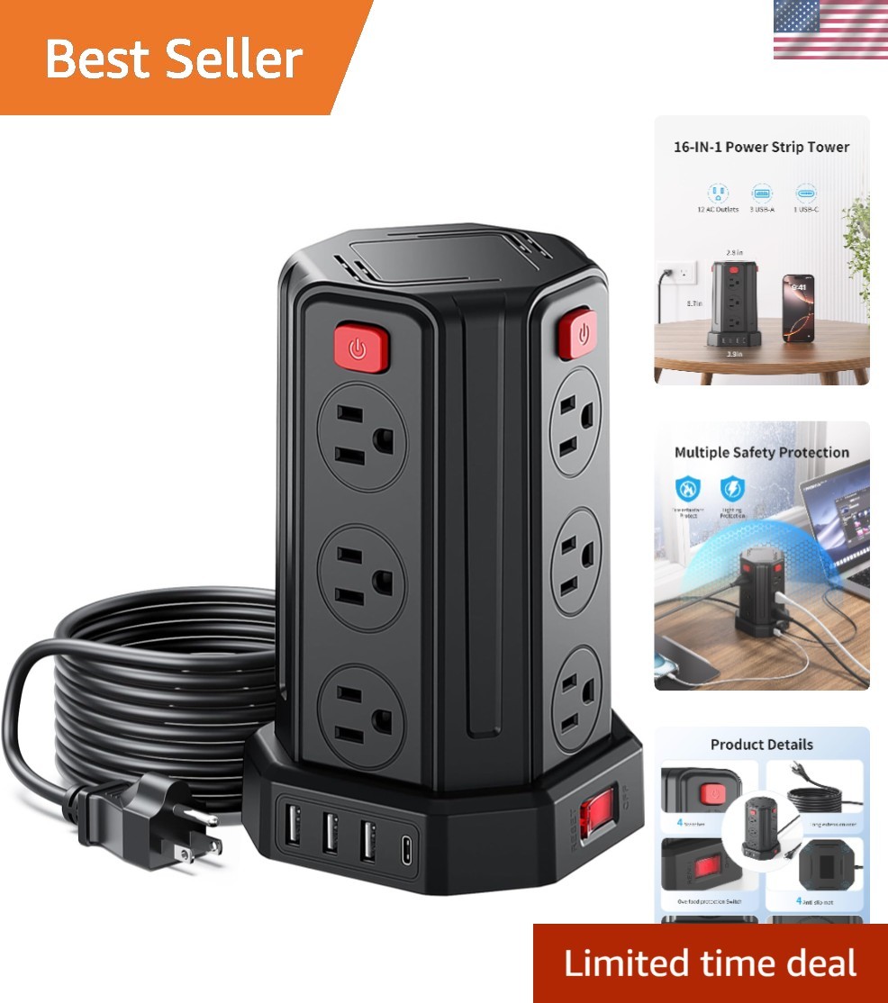 Portable 6.5 Ft Power Tower – Surge Protector with 12 Outlets and USB Access