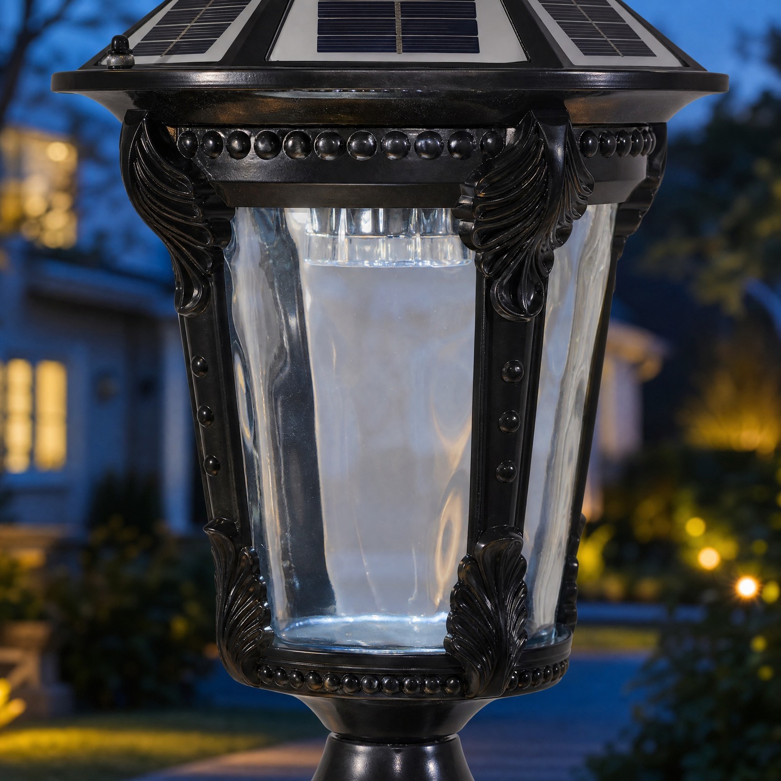 19” Solar Lamp Post Light Outdoor Black Pillar Dusk To Dawn With Remote Control