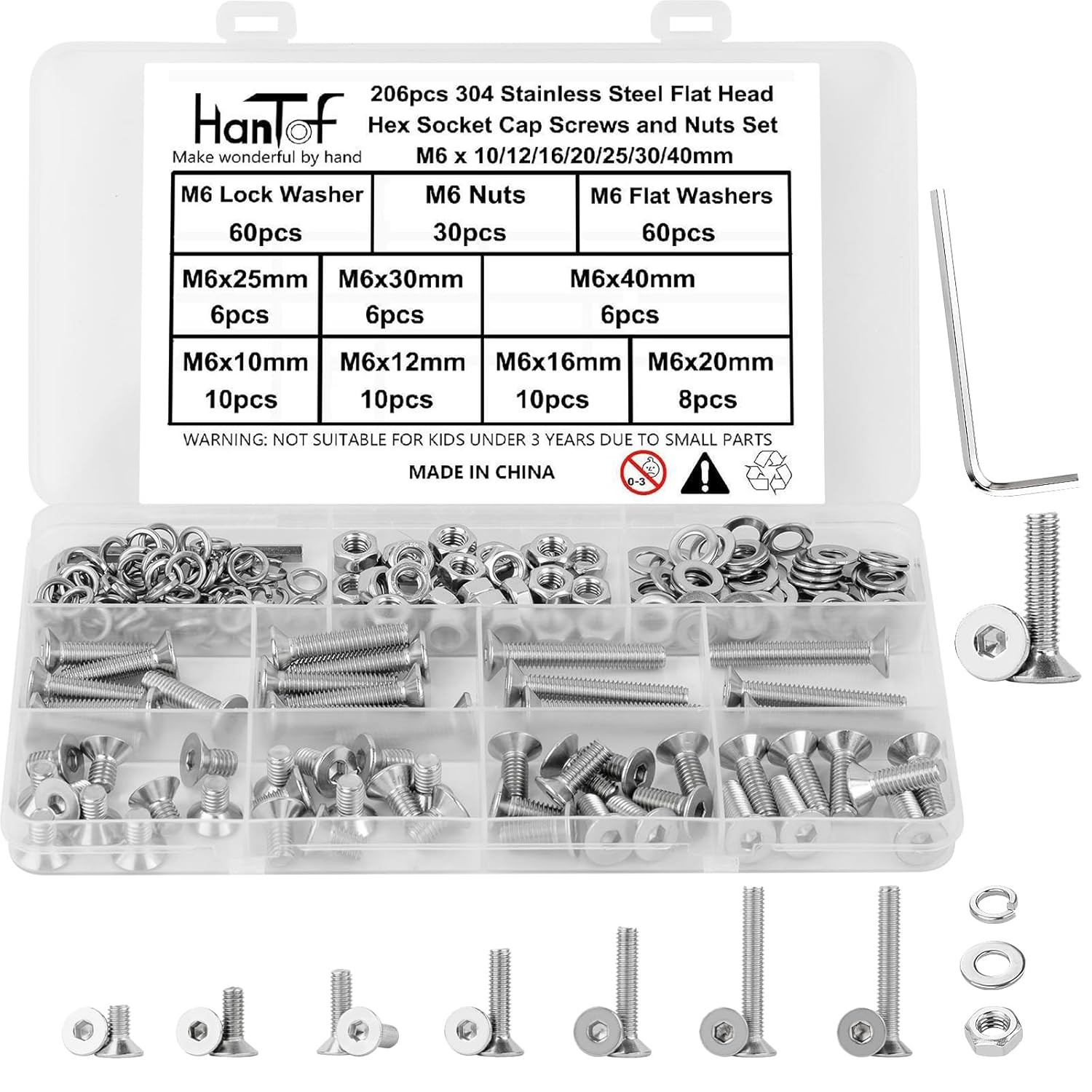 M3 M4 M5 M6 Flat Head Hex Socket Cap Screws Bolts Nuts Washer Assort Kit(6-40mm)
