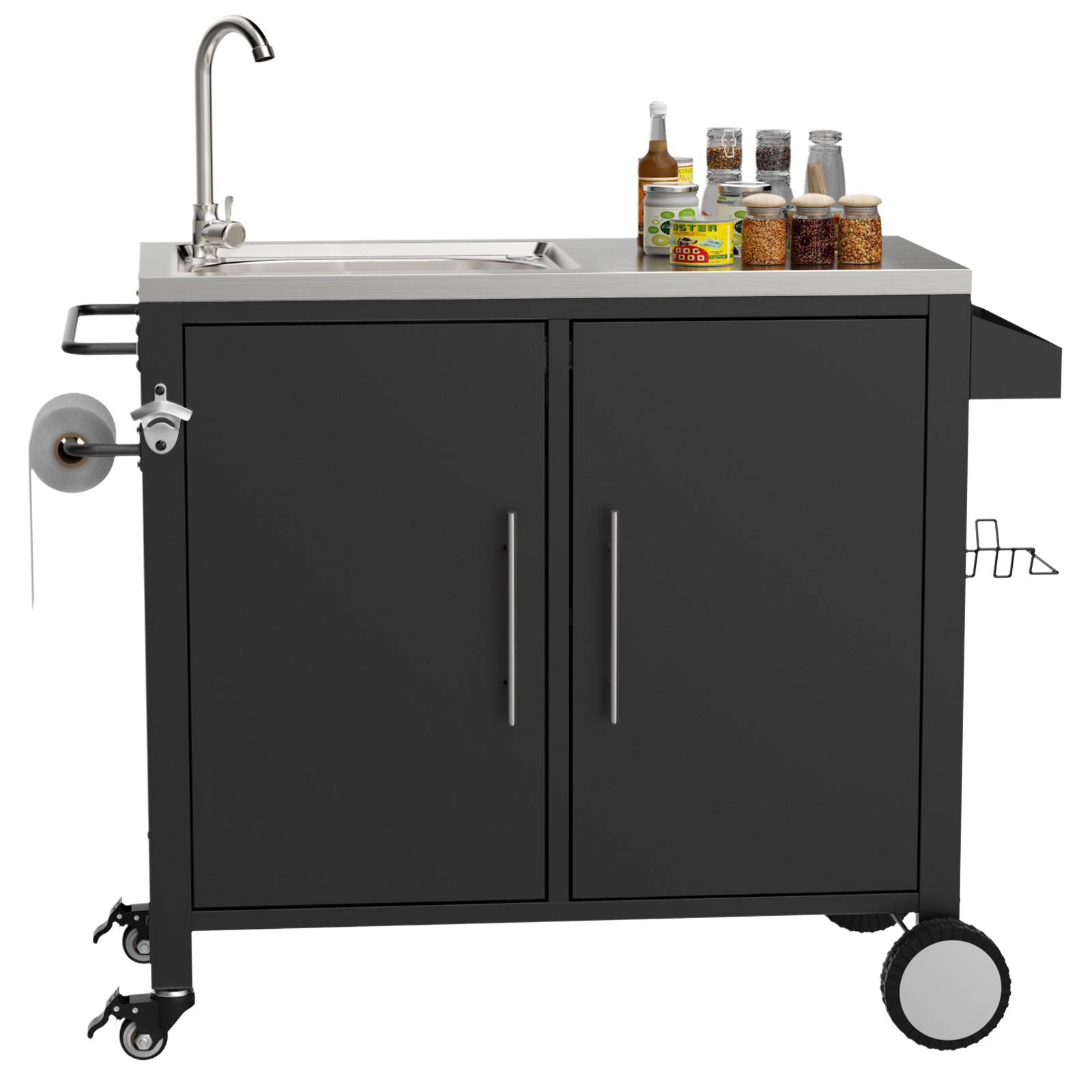 Outdoor Grill Cart Sink Station 304 Stainless Steel Cabinet Wheels 38x18x35in
