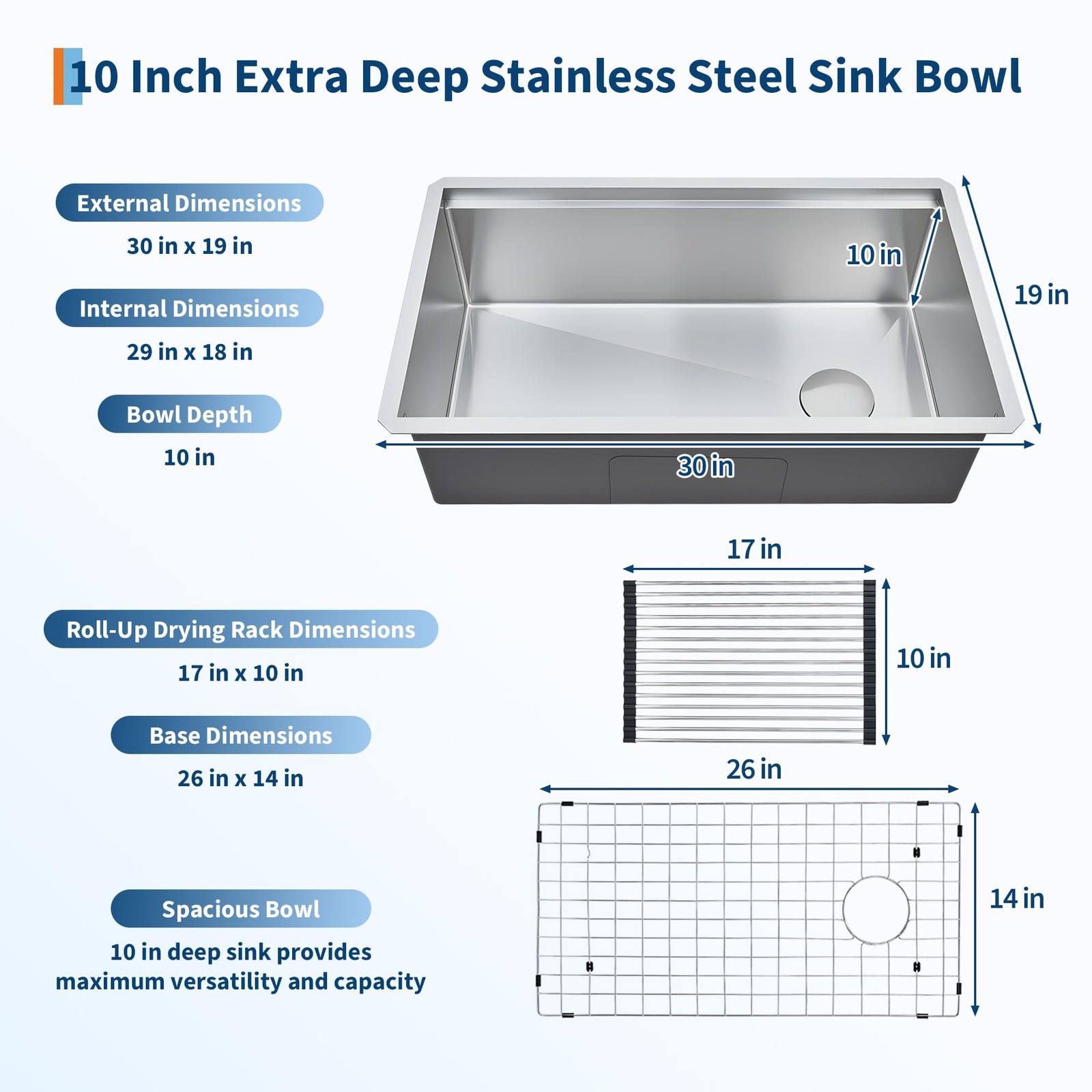 Sleek Kitchen Sink Undermount Single Bowl Stainless Steel 30 In w/ Grid Strainer