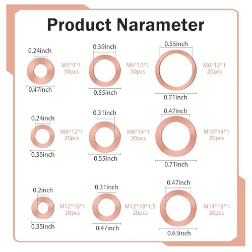 200 PCS Copper Crush Metric Washers Assortment Kit, Sealing Flat Ring Washer