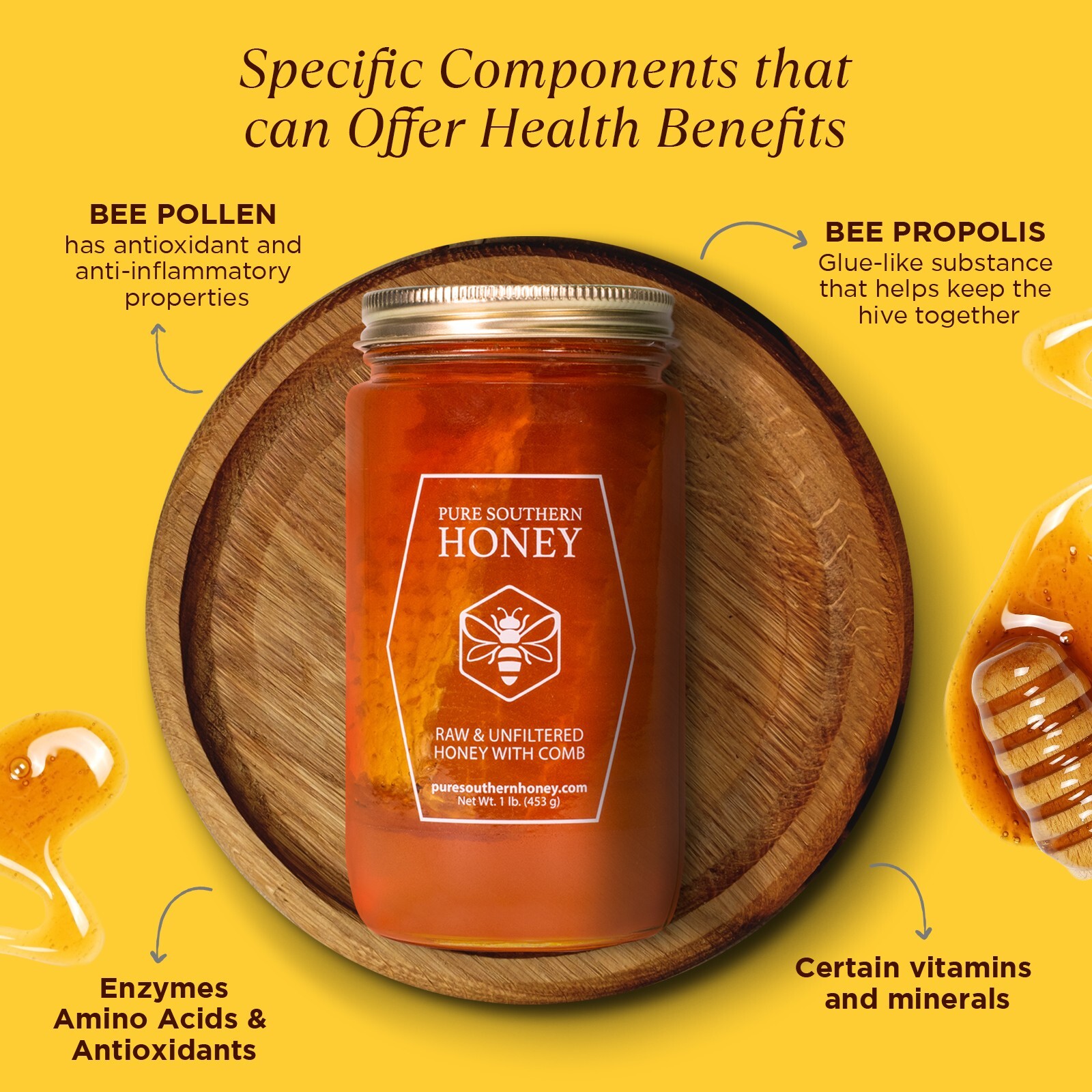 Raw & Unfiltered Honey with Comb 1lb. by Pure Southern Honey, New 2023 Crop