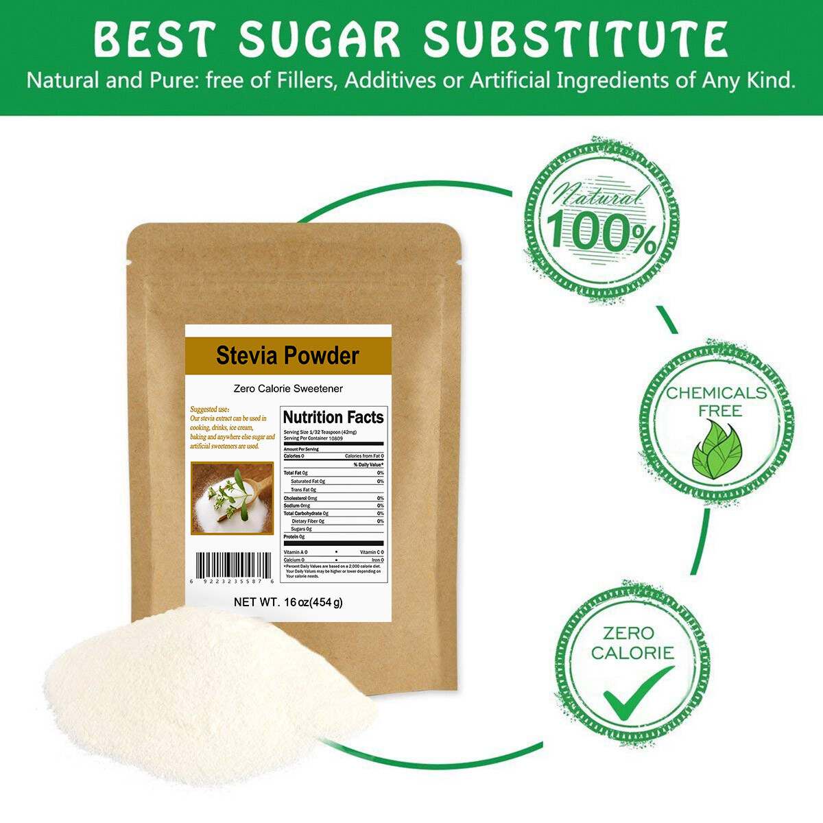 PURE STEVIA EXTRACT POWDER STEVIOSIDES NATURAL SWEETENER 0 Cal SUGAR SUBSTITUBES