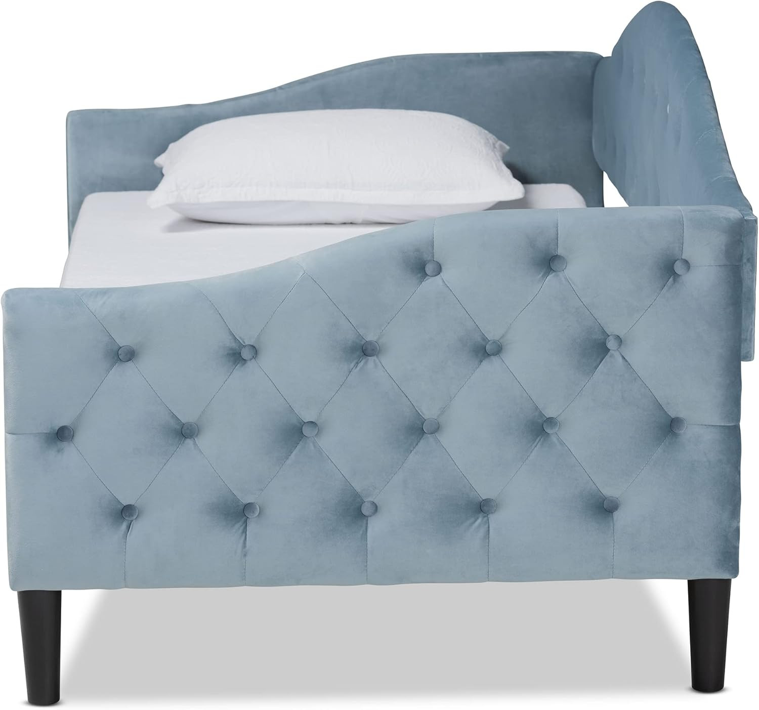 Light Blue Velvet Twin Daybed with Dark Brown Wood Finish