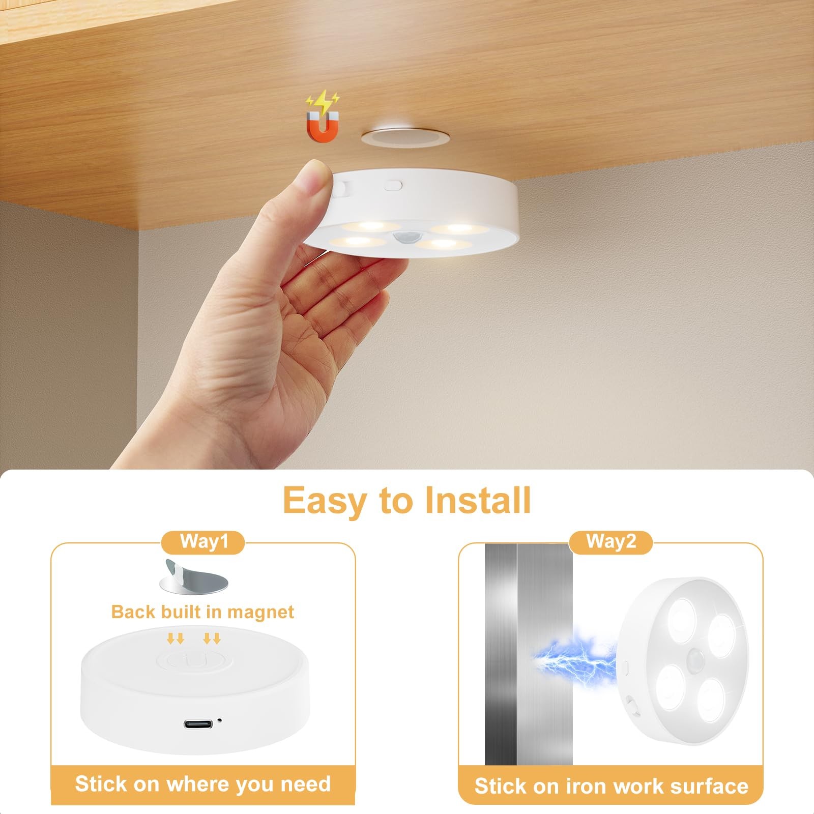 Under Cabinet Lighting, 1500mAh Rechargeable Motion Sensor Puck Lights with R…