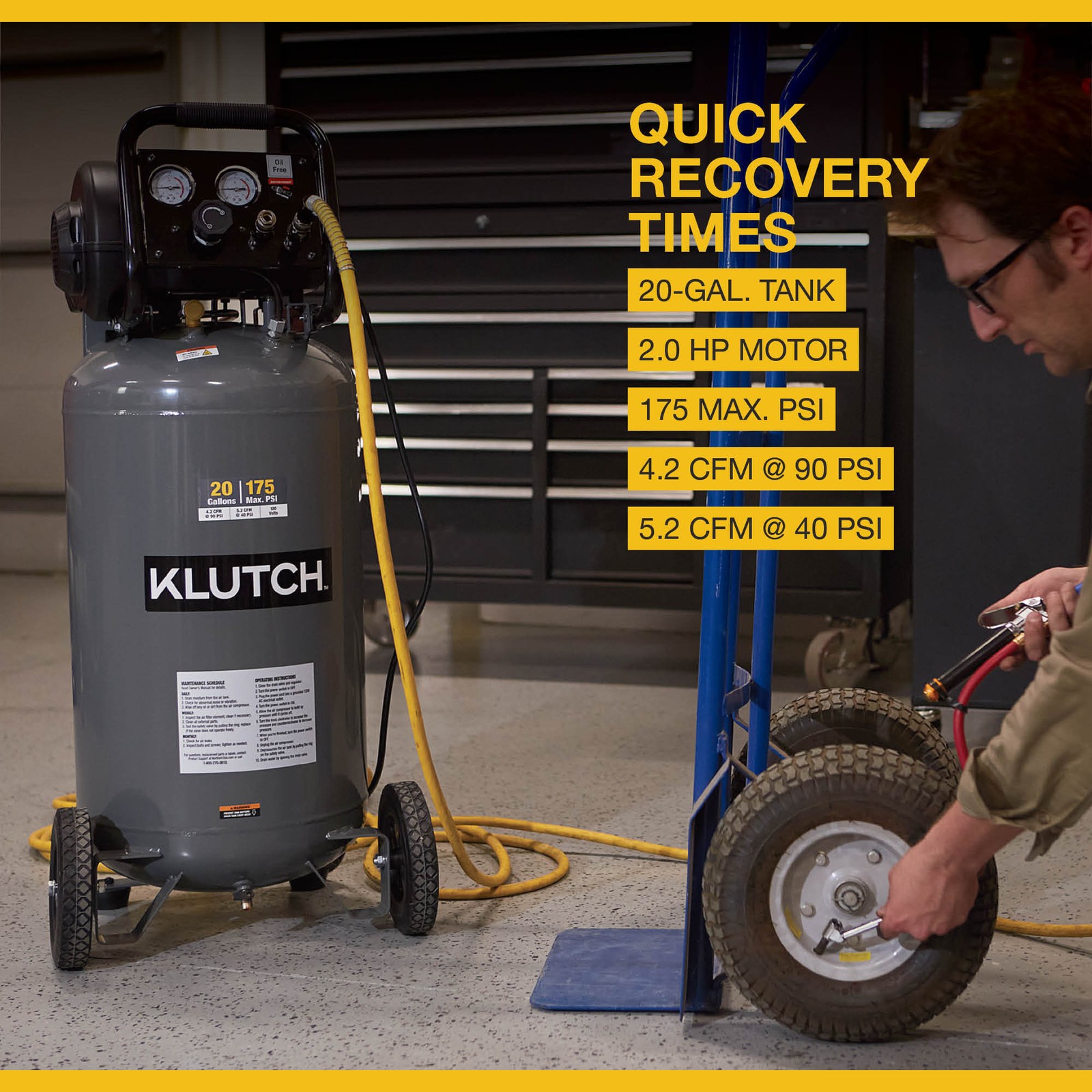 Klutch 20-Gallon Air Compressor, 2 HP, 120 Volts, 175 PSI, Model# 203001004001