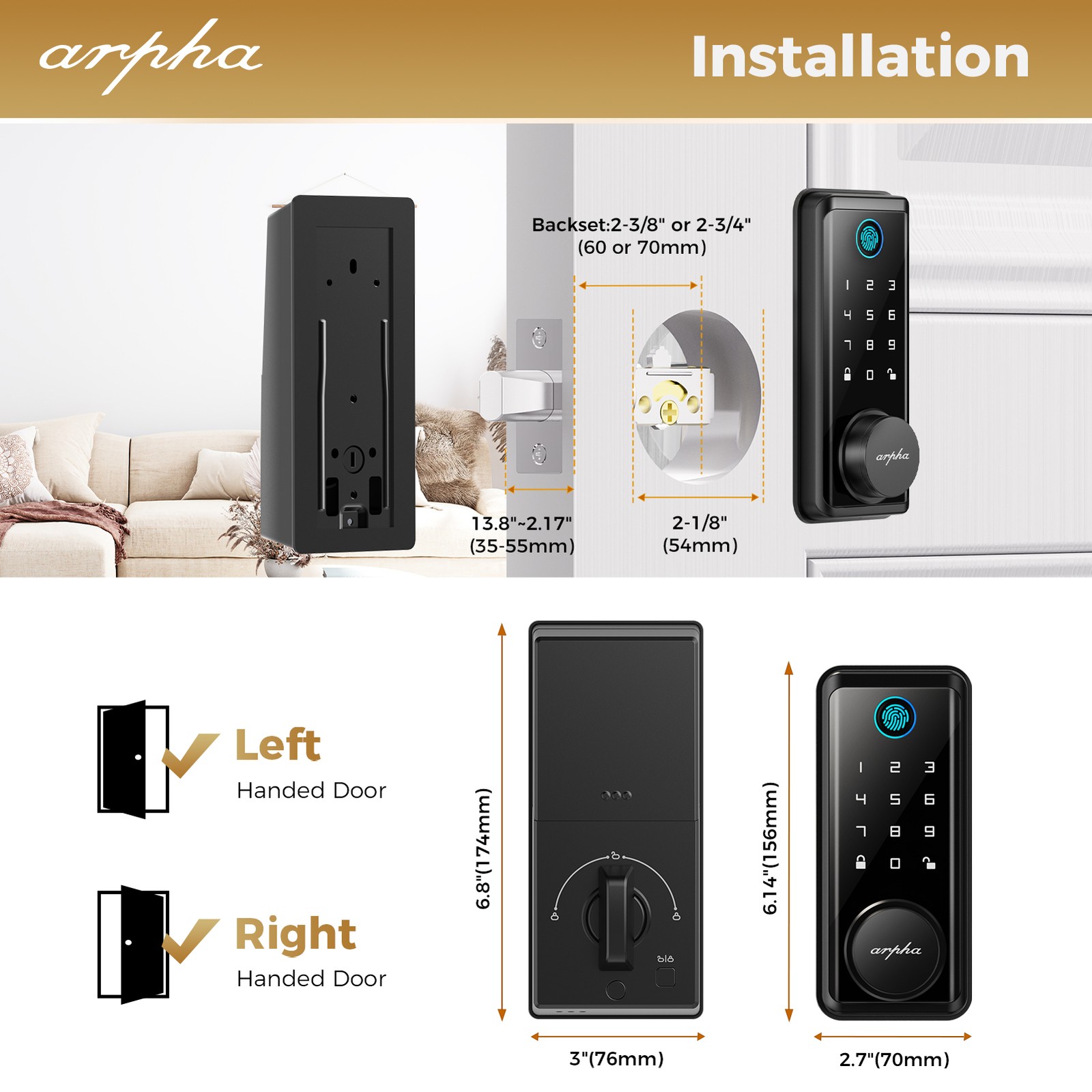 ARPHA Keyless Entry Smart Door Lock 50 Code Keypad Deadbolt Fingerprint Password