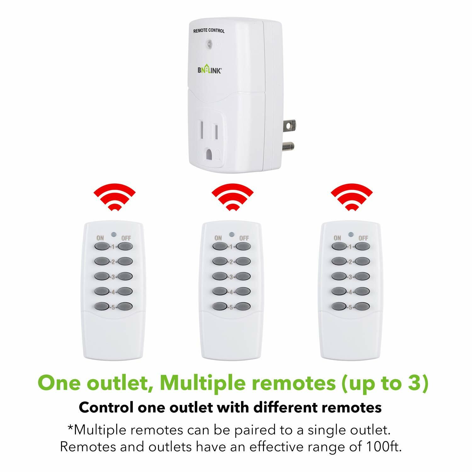 BN-LINK Wireless Remote Control Outlet Plugs with 2 remotes and 5 sockets Indoor