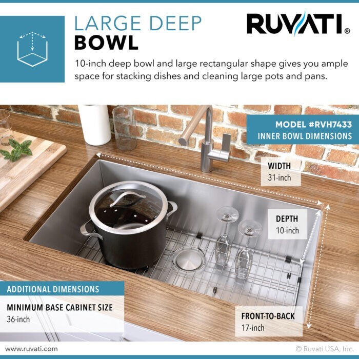 Ruvati 33″ Undermount 16 Gauge Large Kitchen Sink Single Bowl – RVH7433