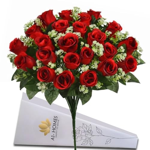 41cm Artificial Silk Red Rose Bush 24 Heads 2 Pack