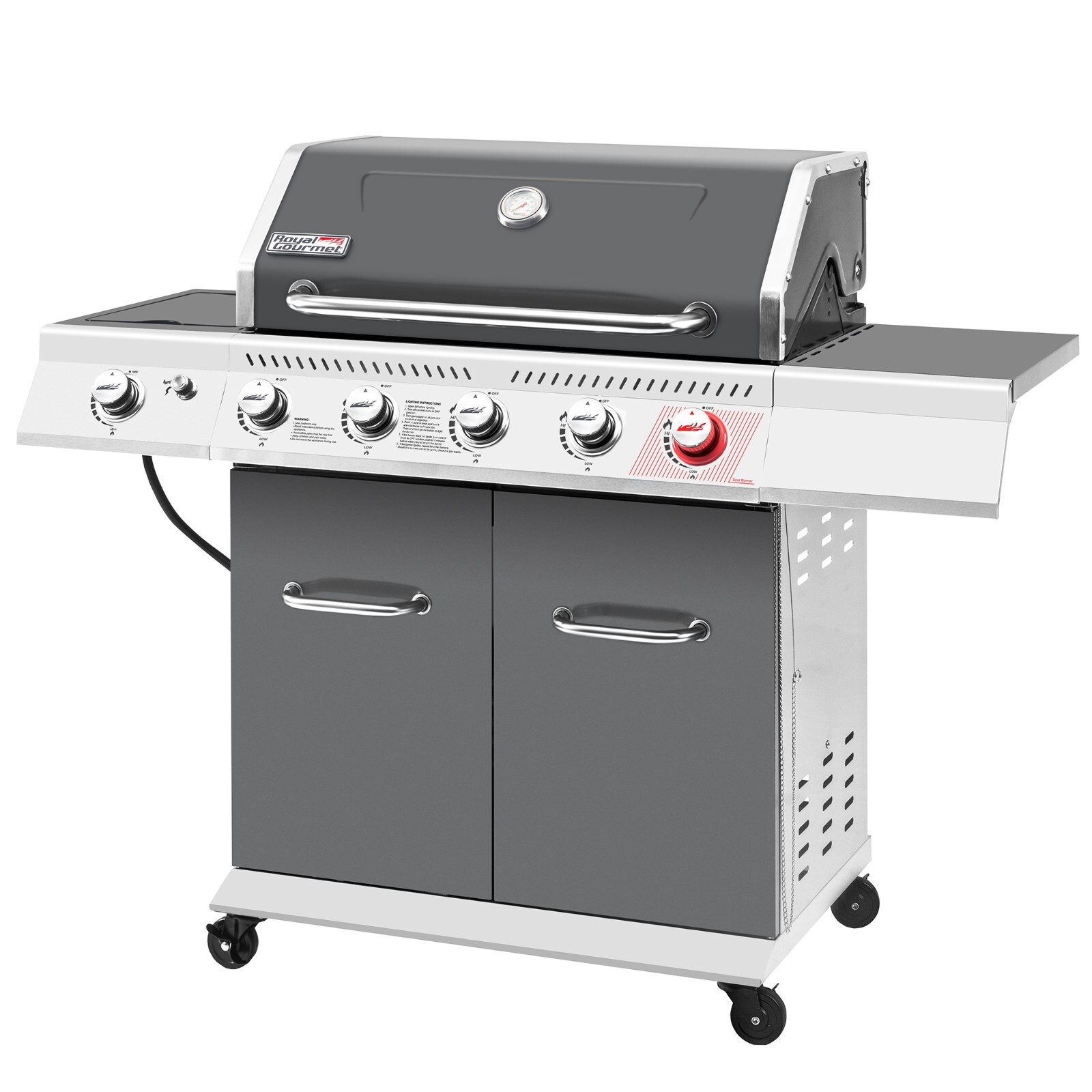 Royal Gourmet Deluxe 5-Burner Gas Grill with Sear Burner and Side Burner Grey