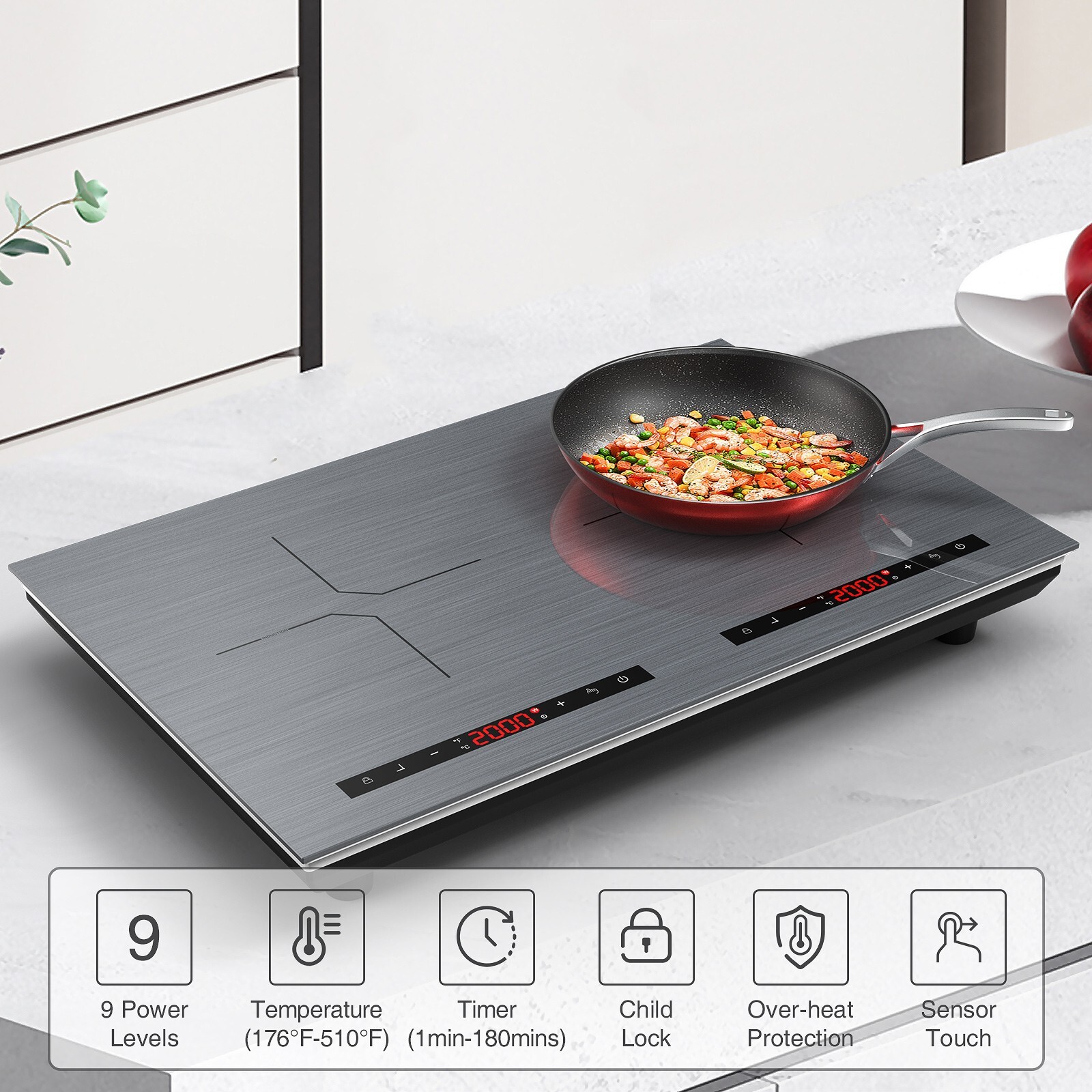 Induction Cooktop Electric Cooktop 2 Burner Electric Stovetop 110V Touch Control
