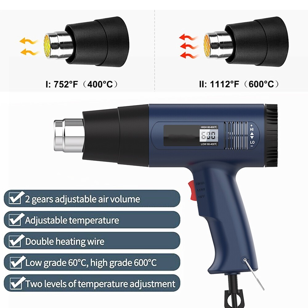 2500 Watt Heat Gun Hot Air Gun Electric Dual Temperature 4 Nozzles Power 2000W