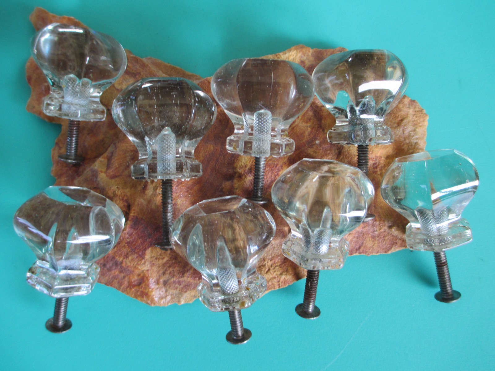 8 VINTAGE ANTIQUE ORIGINAL LARGE OCTAGON CLEAR GLASS CABINET DRAWER KNOB PULLS