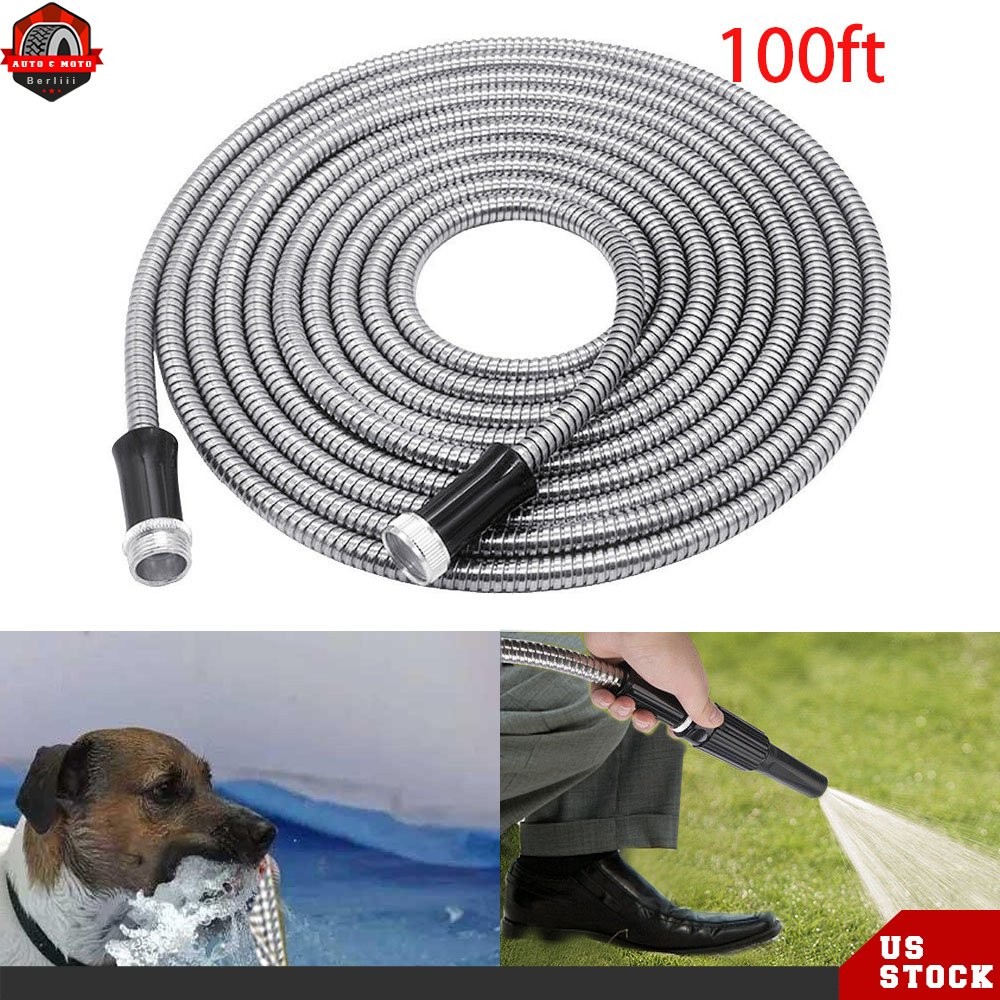 100FT Stainless Steel Metal Hose Pipe Durable Flexible Water Pipe Garden Hose