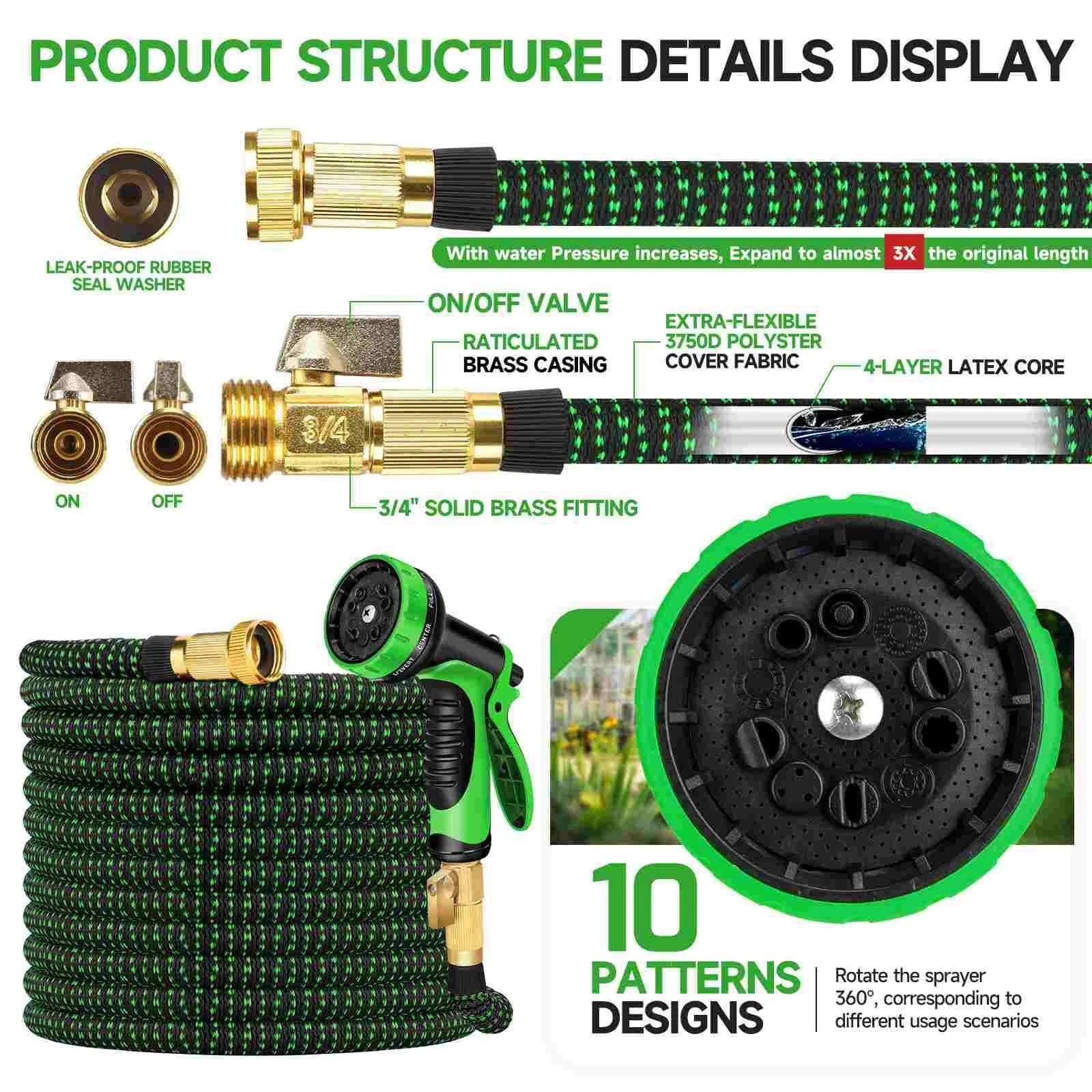 100FT Expandable Garden Water Hose Pipe w/ 10 Spray Nozzle Flexible 3X Expand