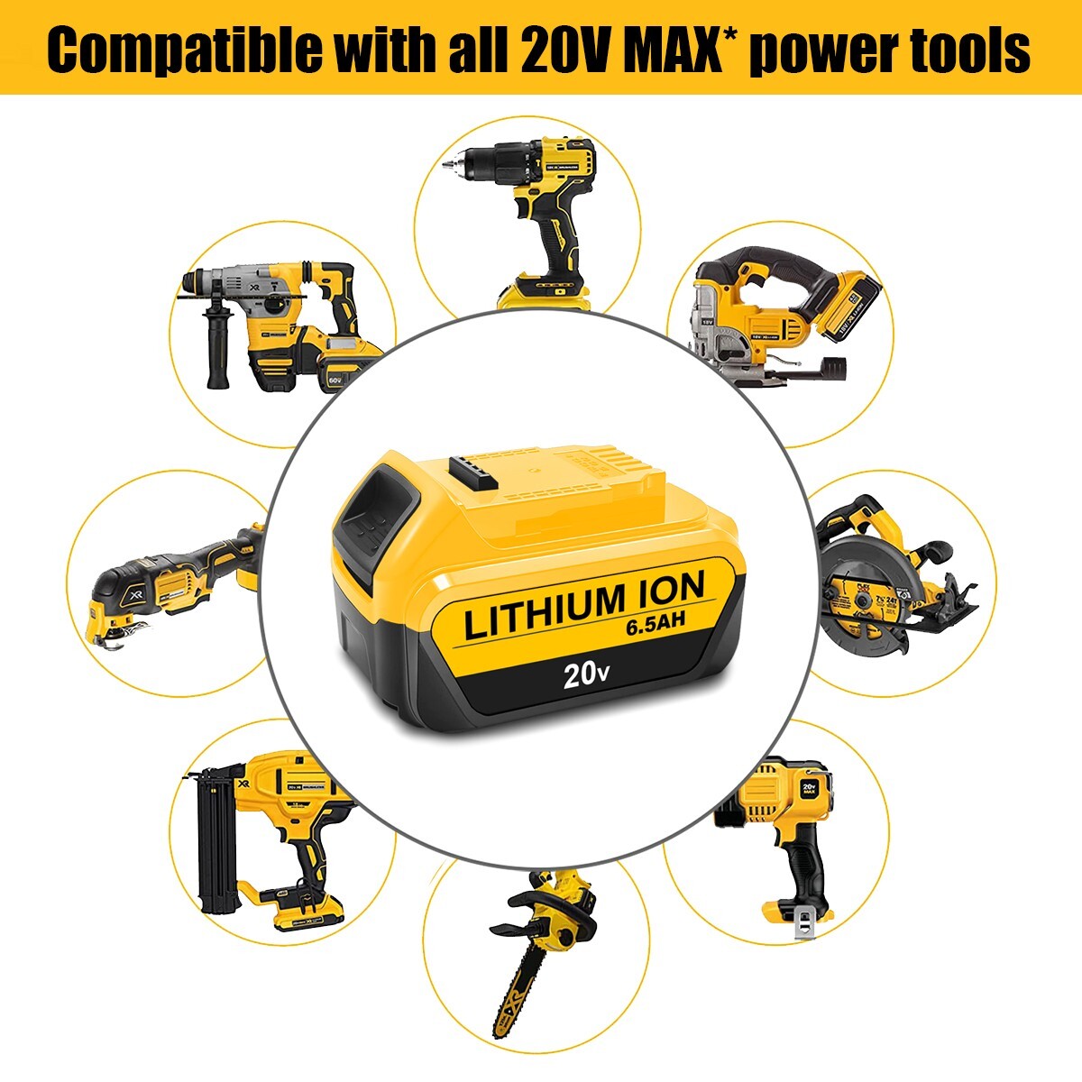 2 PACK NEW 20V 6.5Ah Battery for Dewalt 20V 6.0Ah Lithium Ion Battery DCB206