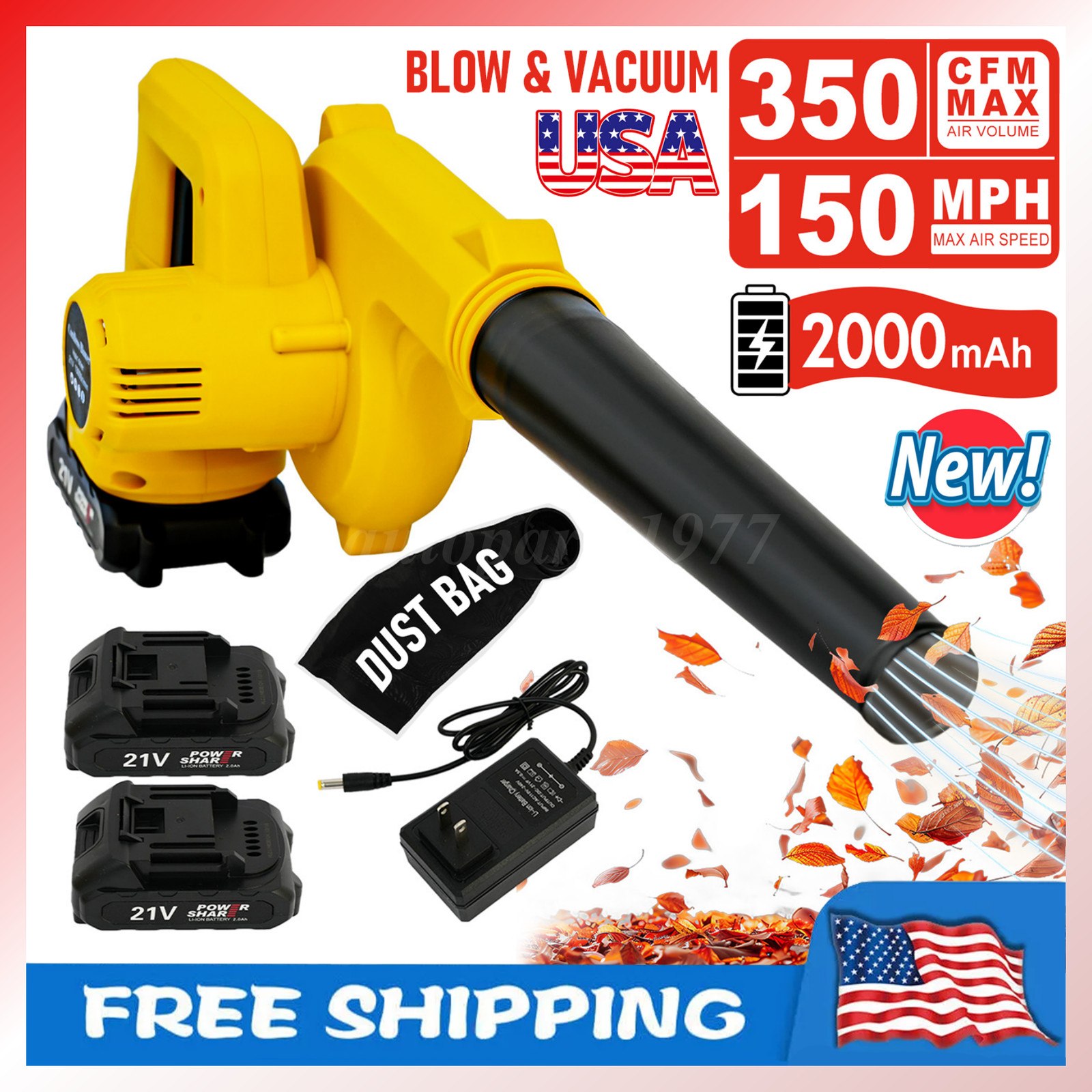 Portable Leaf Blower, Cordless Leaf Blower Sweeper 350CFM / 150MPH with Battery