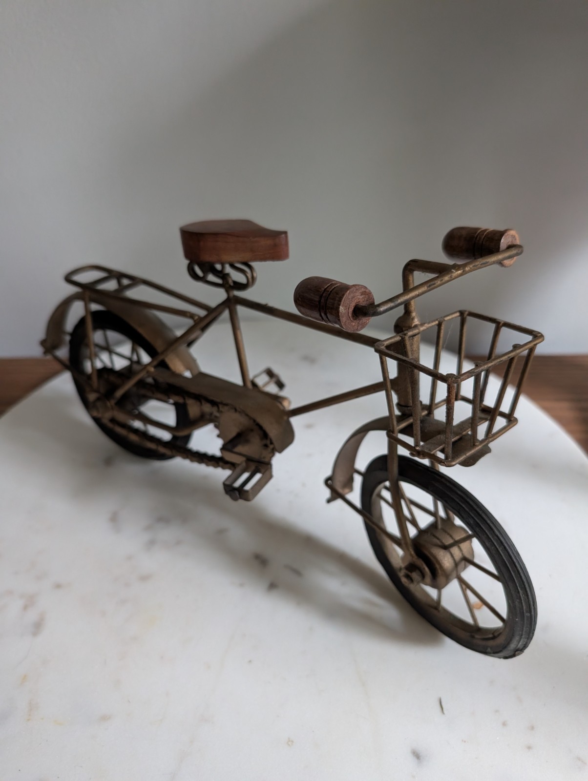 Miniature Metal Bicycle Sculpture Rustic Cottage Decor Wood Seat Basket Display