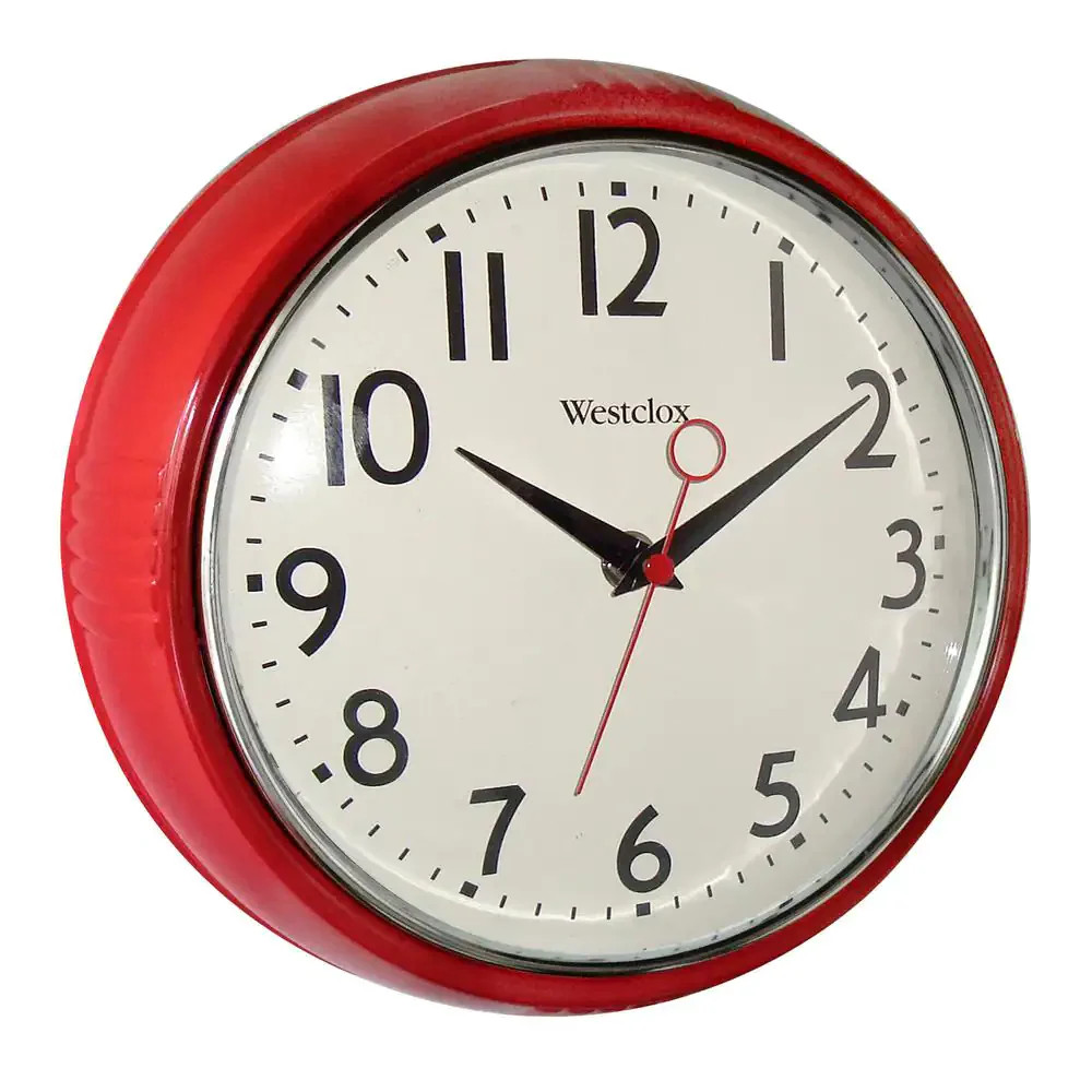 Westclox Retro Wall Clock Red 12 Inch Round Analog Quartz Kitchen Chrome Bezel