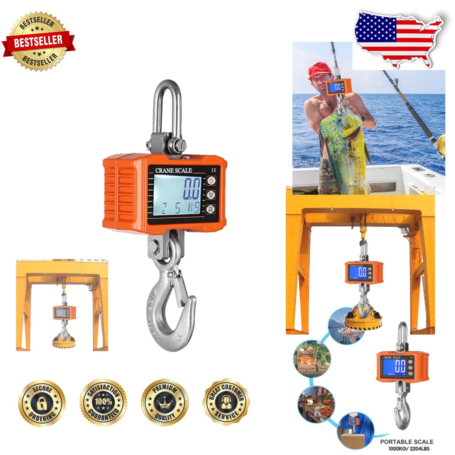 Durable Orange Crane Scale 1000KG Digital Hanging Scale Portable