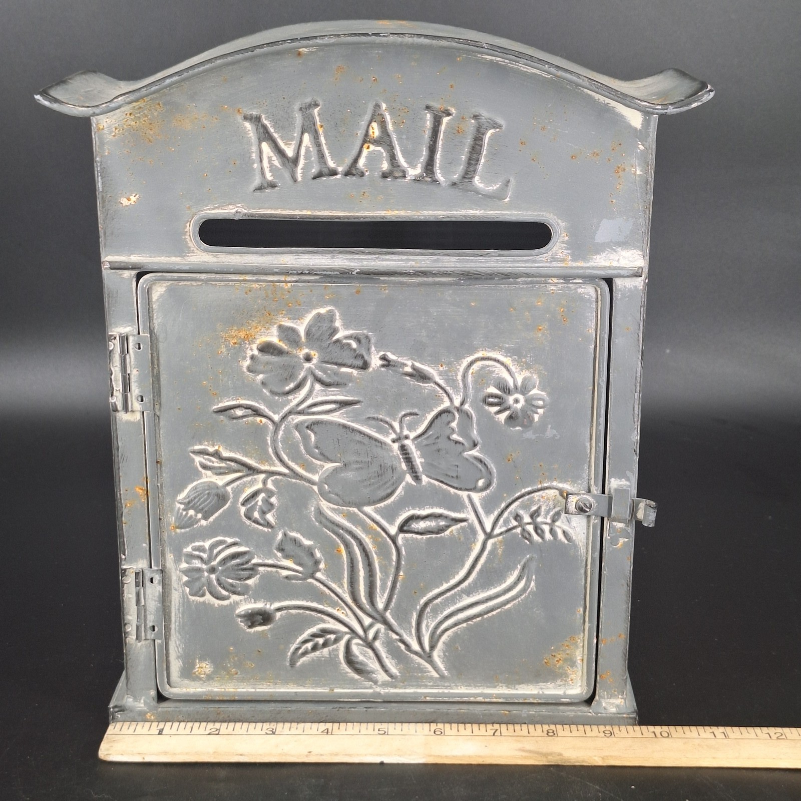 Farmhouse Mail Embossed Metal Wall Mount Mailbox Distressed Gray 10.5″ x 12.25″