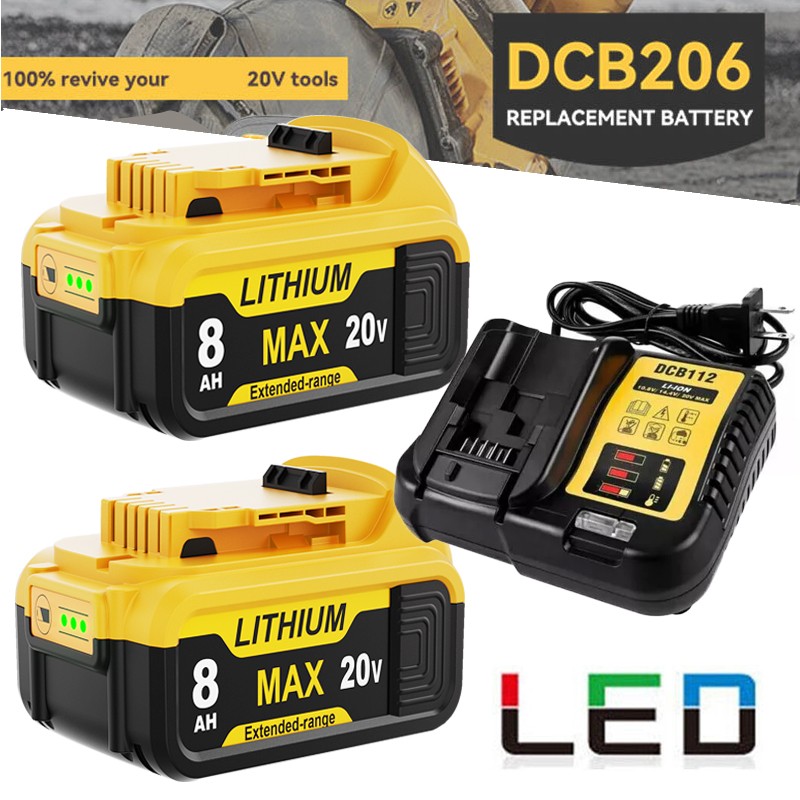 Battery / Charger For De-Walt 20V 20 Volt Max 8.0AH Lithium Ion DCB206 DCB200-2