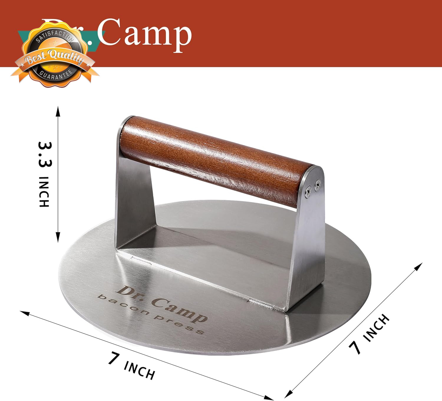 Stainless Steel Smash Burger Press Smasher Bacon Meat Griddle Wood 7in