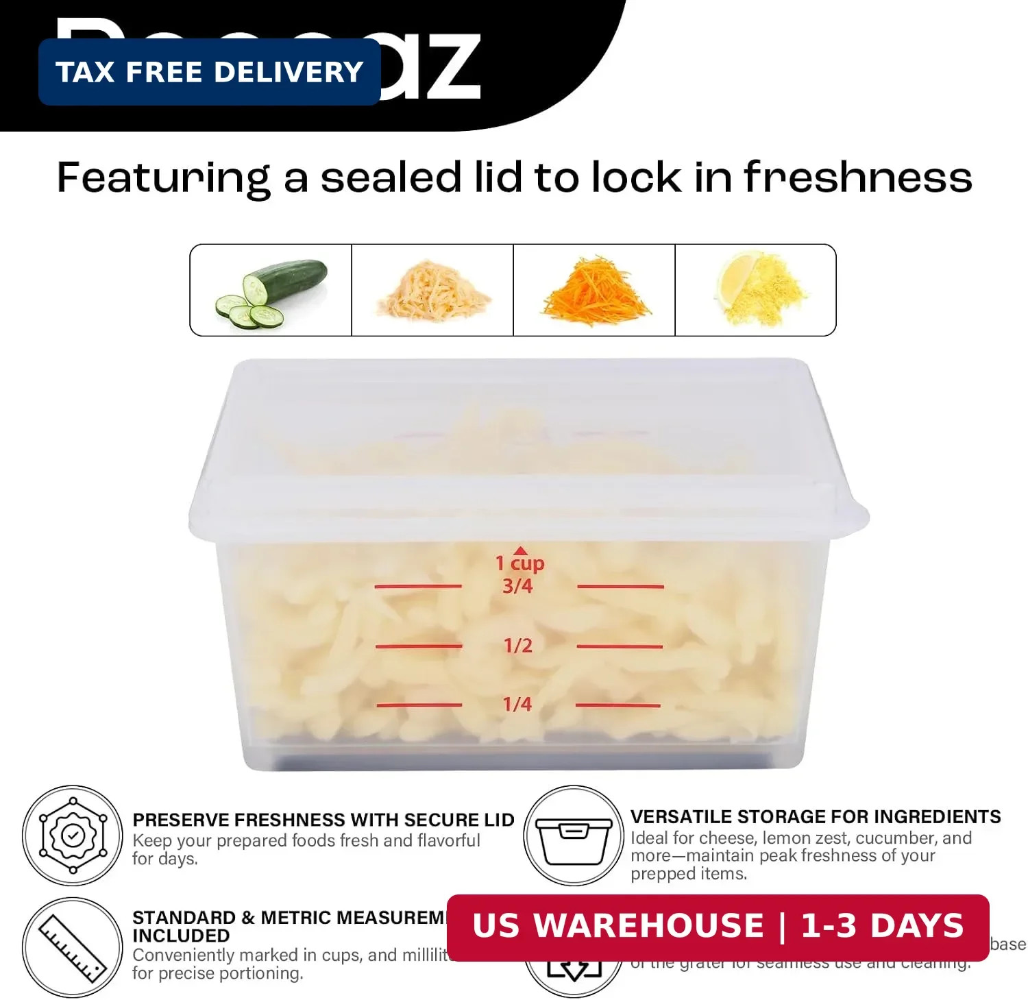 Box Cheese Grater Stainless Steel with Container Handle 4-Sided Shredder Black