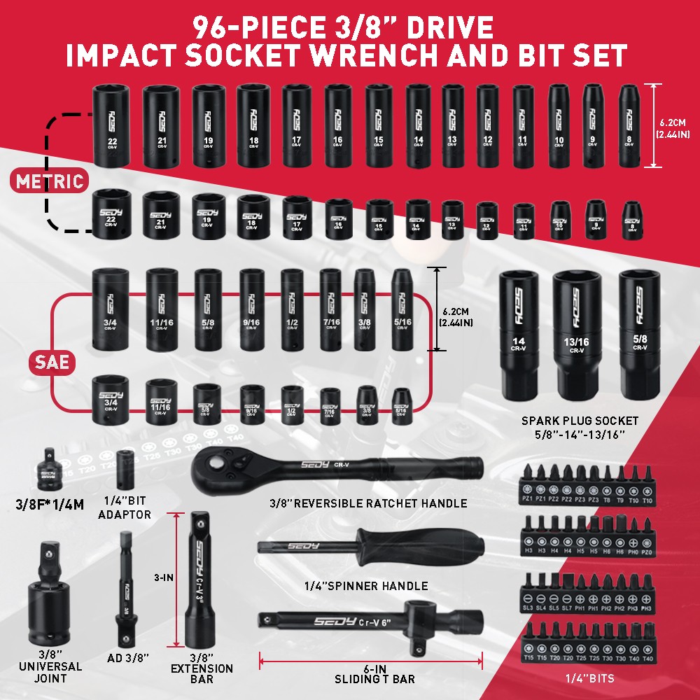 96PC 3/8″ Drive Impact Socket Wrench and Bit Set Standard & Deep SAE & Metric
