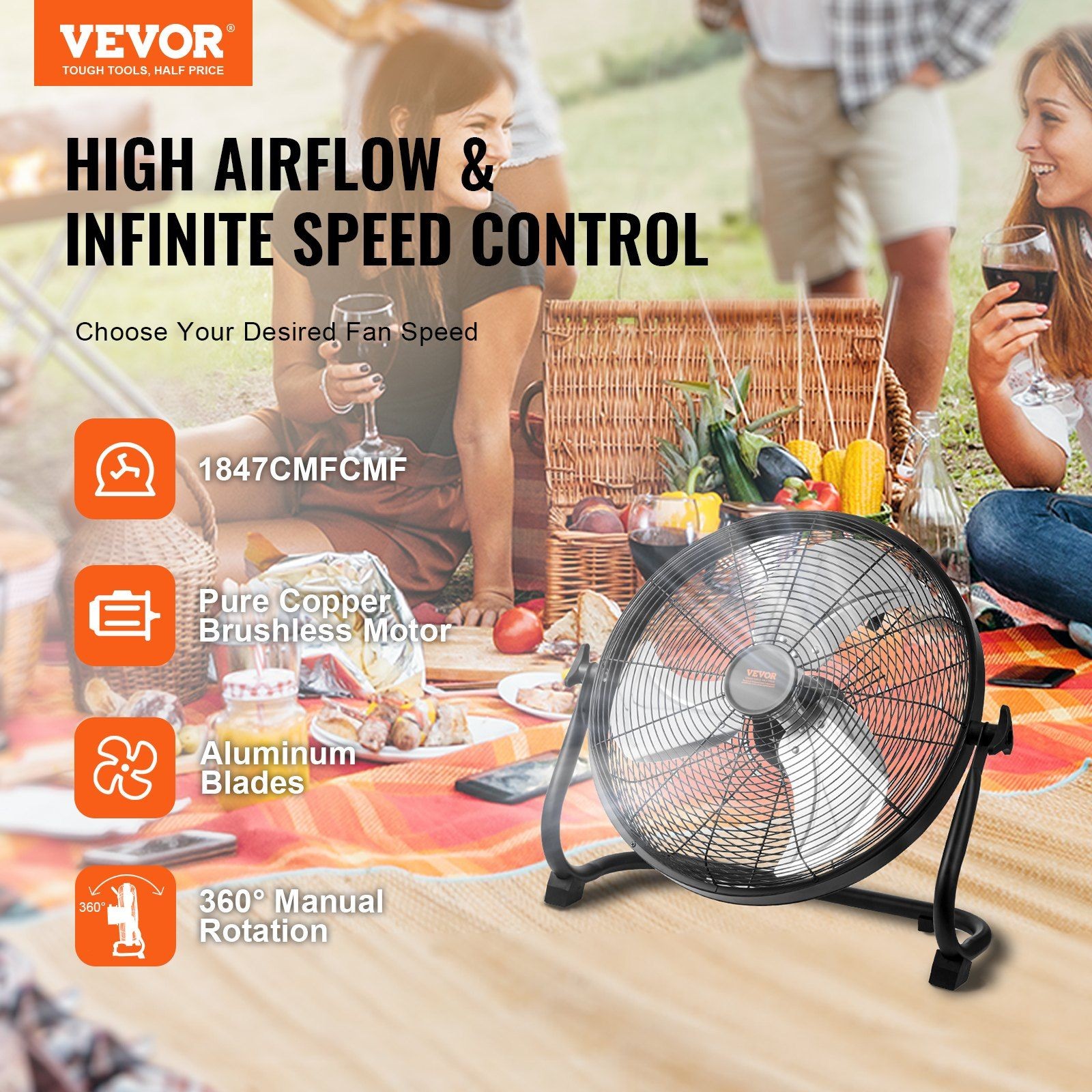 Portable 16in Rechargeable Fan: Stepless Speed, 15600mAh, Aluminum Blades