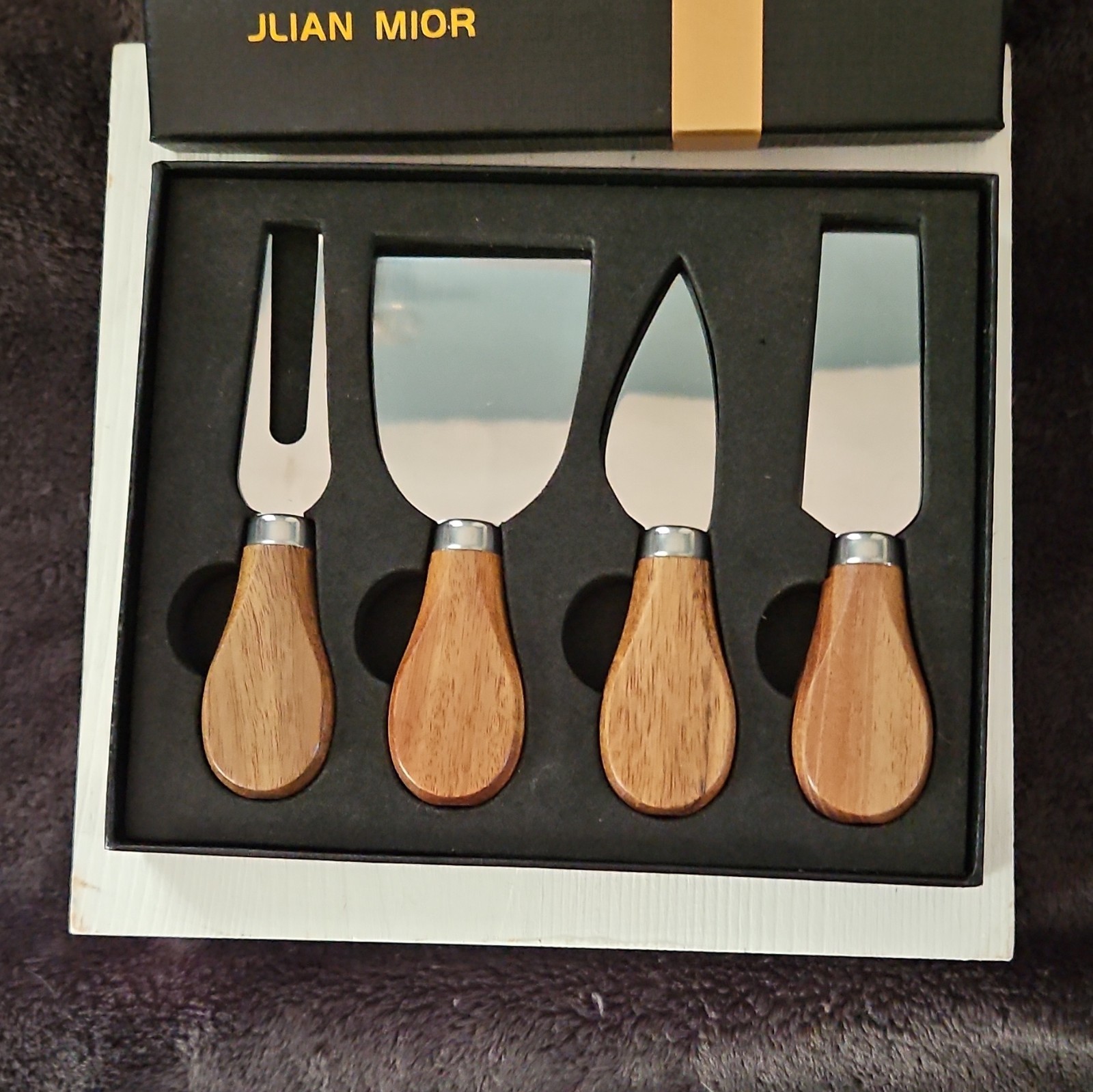 JLIAN MIOR Stainless Steel & Wood 4-Piece Cheese Knife Spreader Fork Set