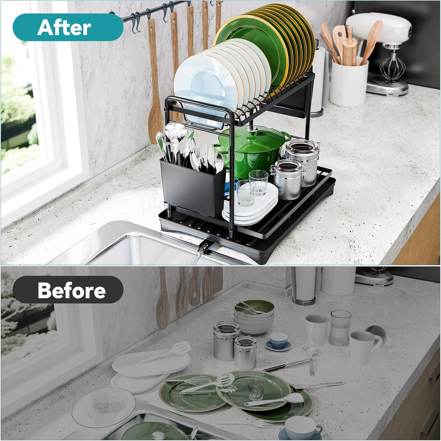 Stainless Steel 2 Tier Dish Rack Holder Kitchen Counter Drainer Board Black 12×1