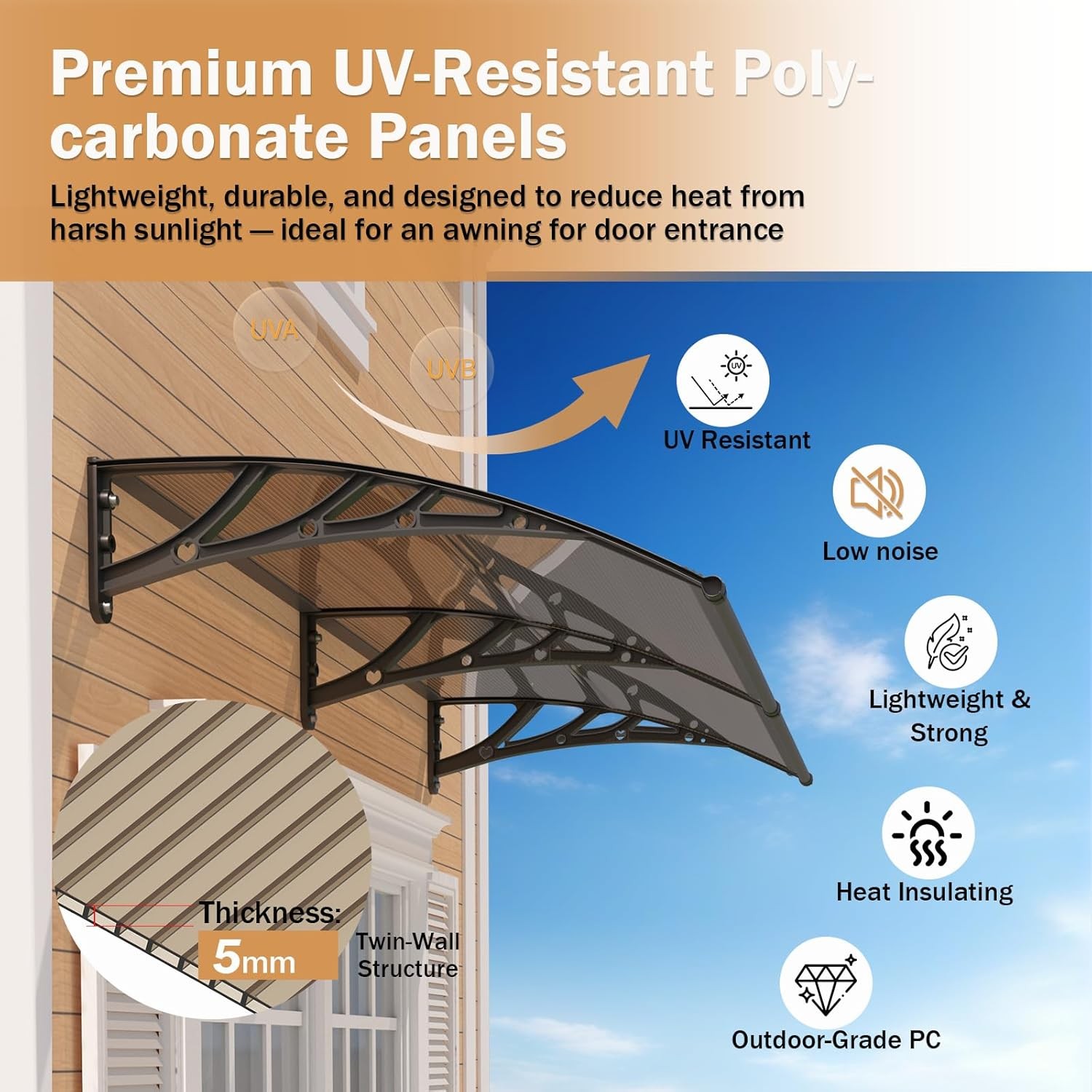102x41cm Door Awning, Polycarbonate Window Canopy UPF 50+ for Rain Snow Sun