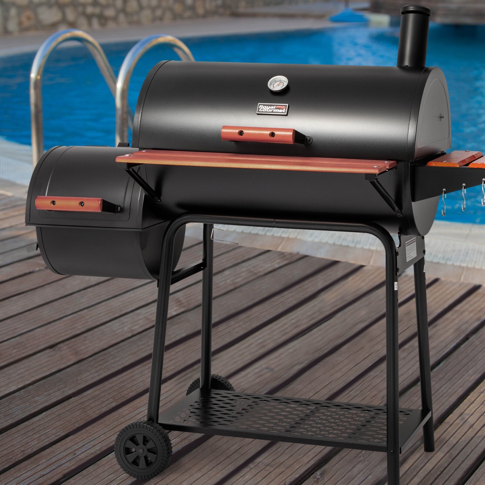 Royal Gourmet Charcoal Grill with Offset Smoker,Side Table and Front Table,Black