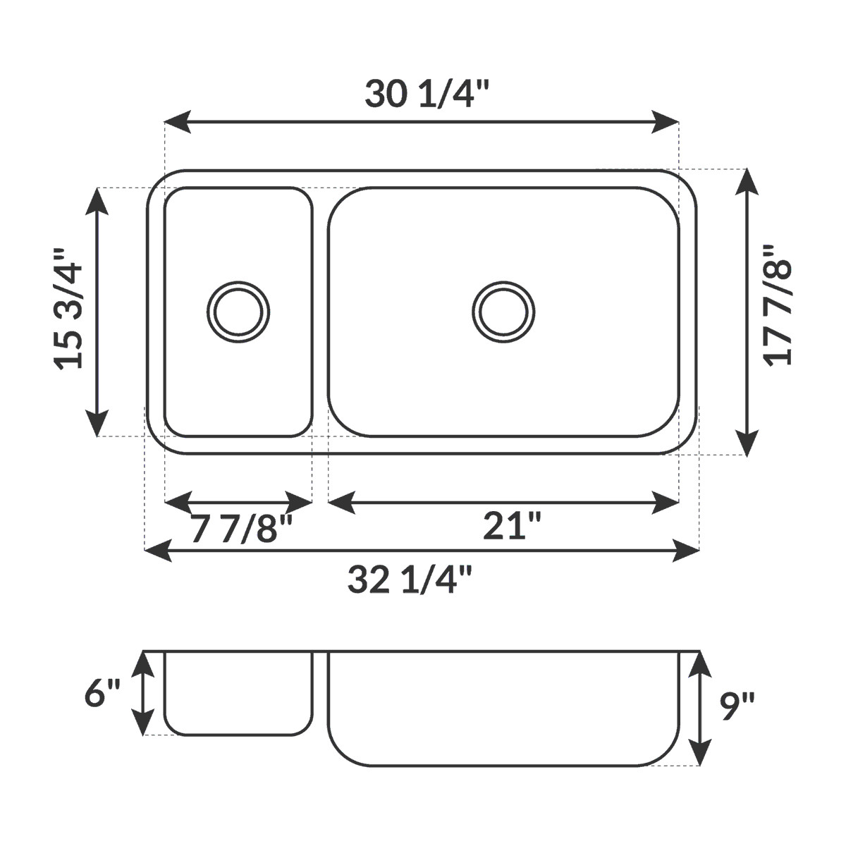 Undermount Stainless Steel Double Basin Kitchen Sink 32 1/4 ” x 17 7/8″ x 9″