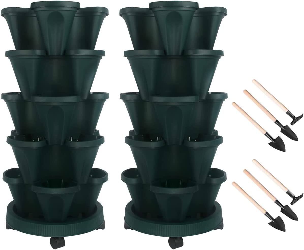 Vertical Planter 3-7 Tier Stackable Planters w/ Wheels & Tools Garden Tower Pot