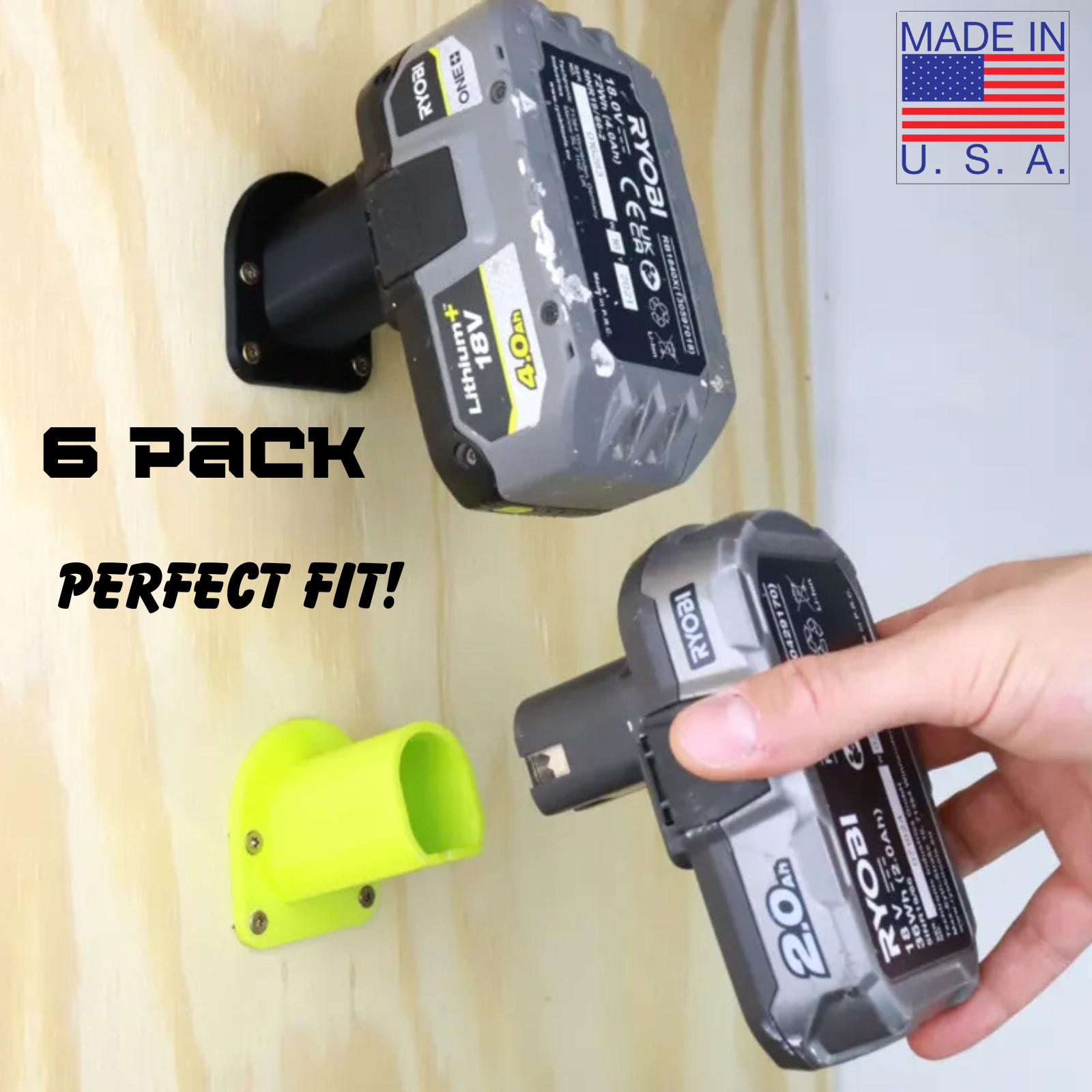 6 Pack RYOBI Battery Holder Wall Mount for Ryobi One+ One Plus 18V Green