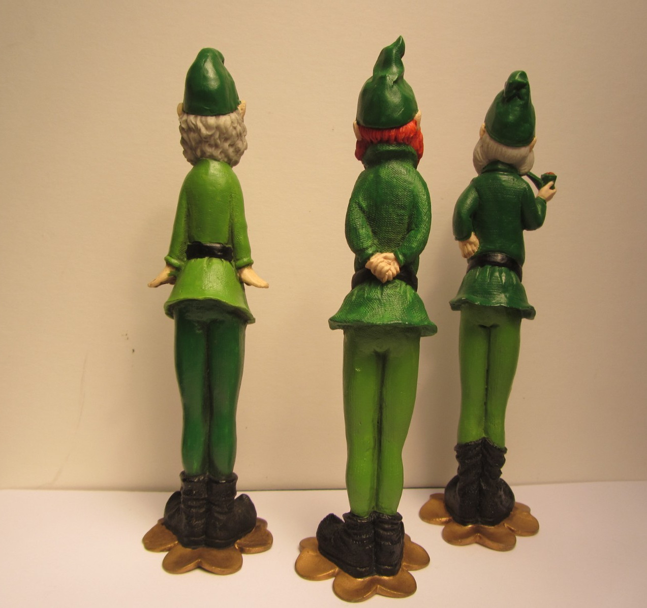 3 Enesco – 6″ TALL FIGURINES Leprechauns Slender Green Elves Gold Shamrock Base