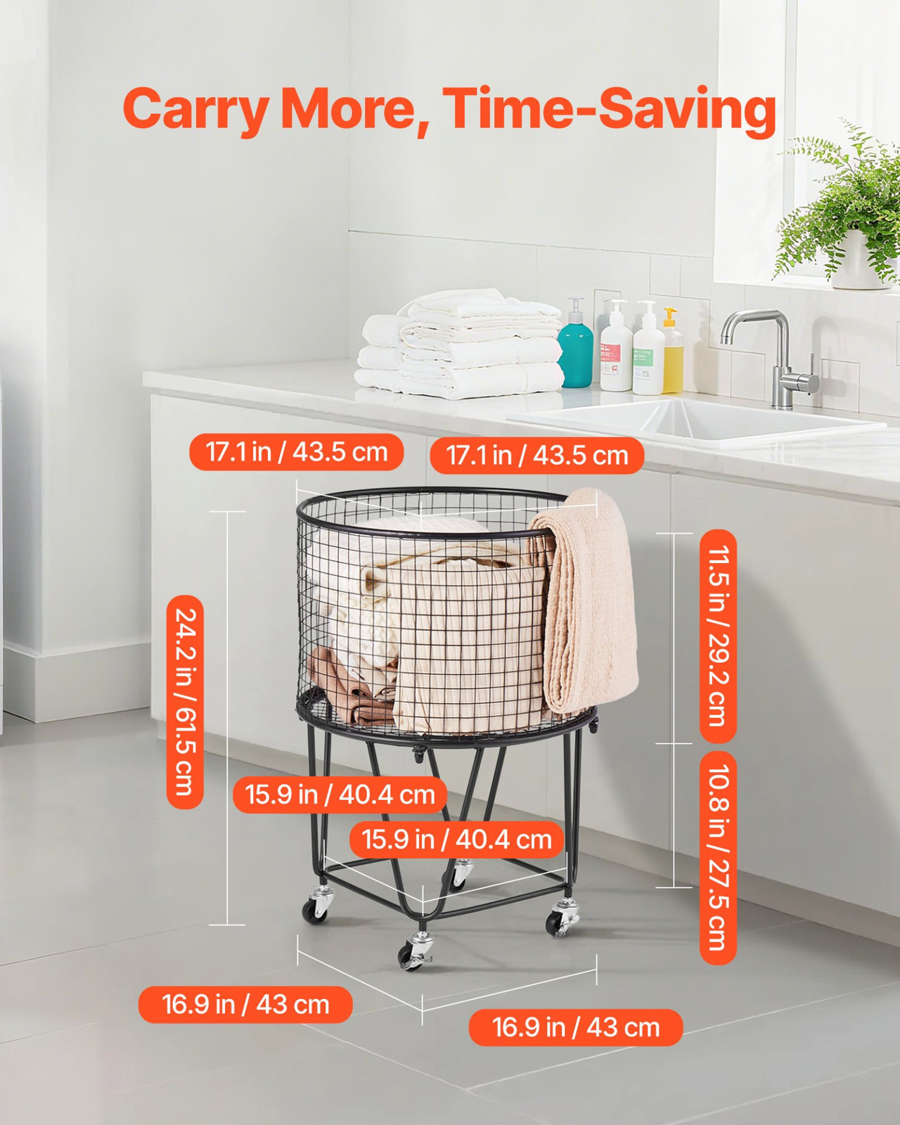 VEVOR Laundry Cart, Rolling Round Grocery Utility Cart with 360° Swivel Wheels,