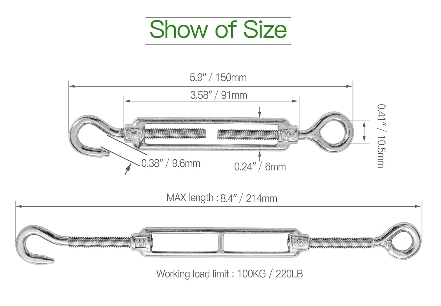 6PCS M6 Hook & Eye Turnbuckle 304 Stainless Steel Turnbuckle Wire Rope Tension H