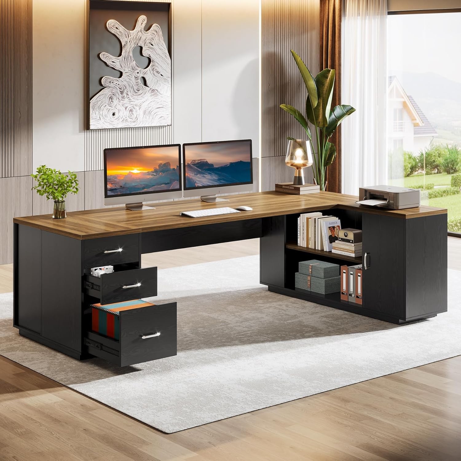 85.8-Inch L-Shaped Executive Desk, Large Office Computer Desk with File Drawers