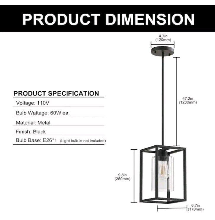 YANSUN 6.7 in. 1-Light Rectangle Black Pendant Light with Clear Glass Shade