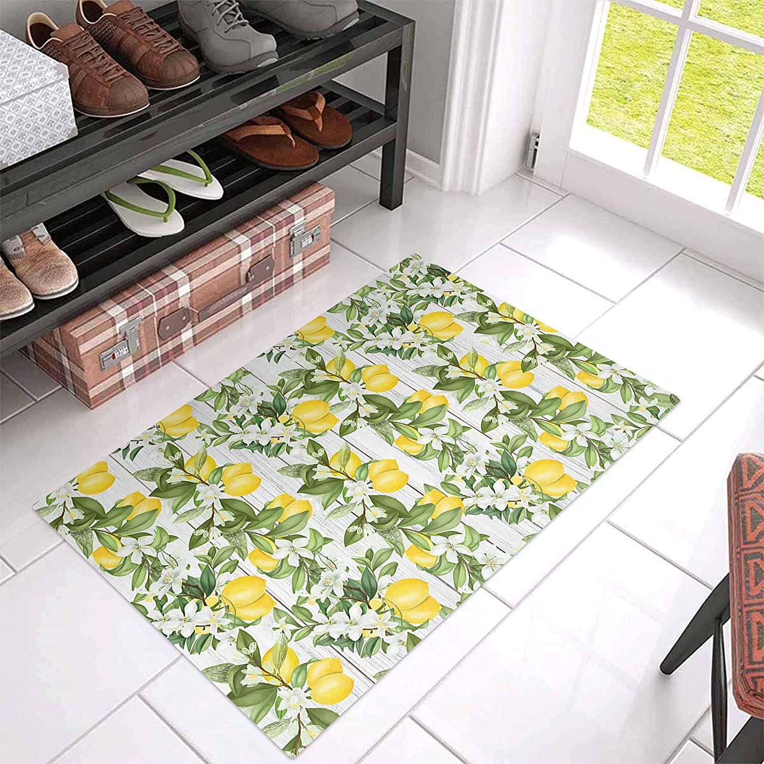 Welcome Doormat Summer Lemon White Flower Green Leaf,Non Slip Indoor Floor Mat