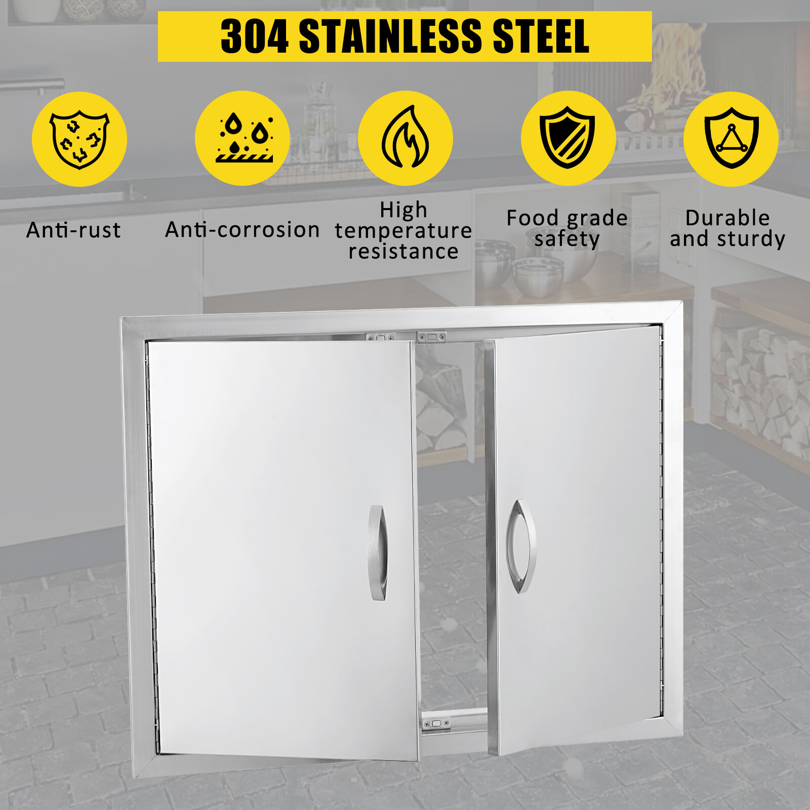 BBQ Access Door, Outdoor Grill Door Double Door Brushed Stainless Steel for BBQ