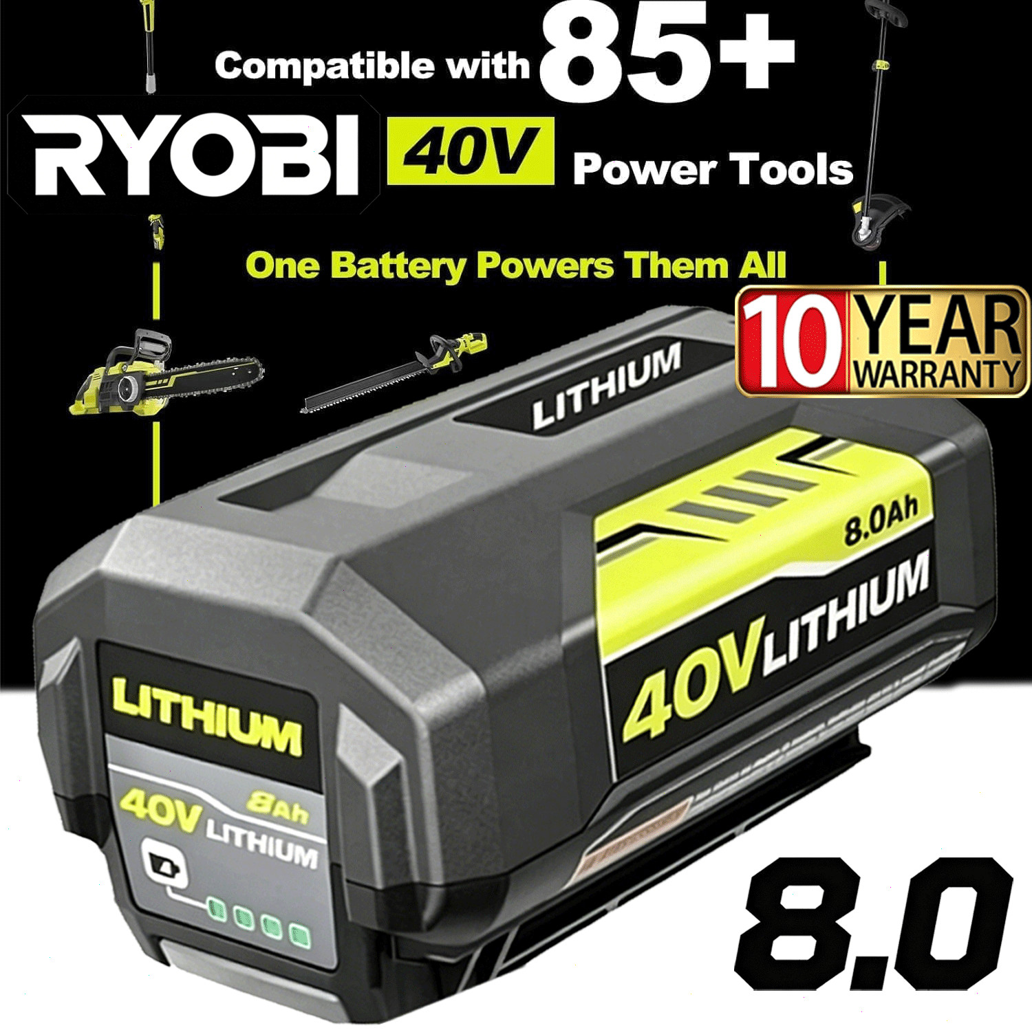 1/2PACK 8.0Ah Battery 40 Volt for Ryobi 40V Lithium-ion OP40602 Battery with LED