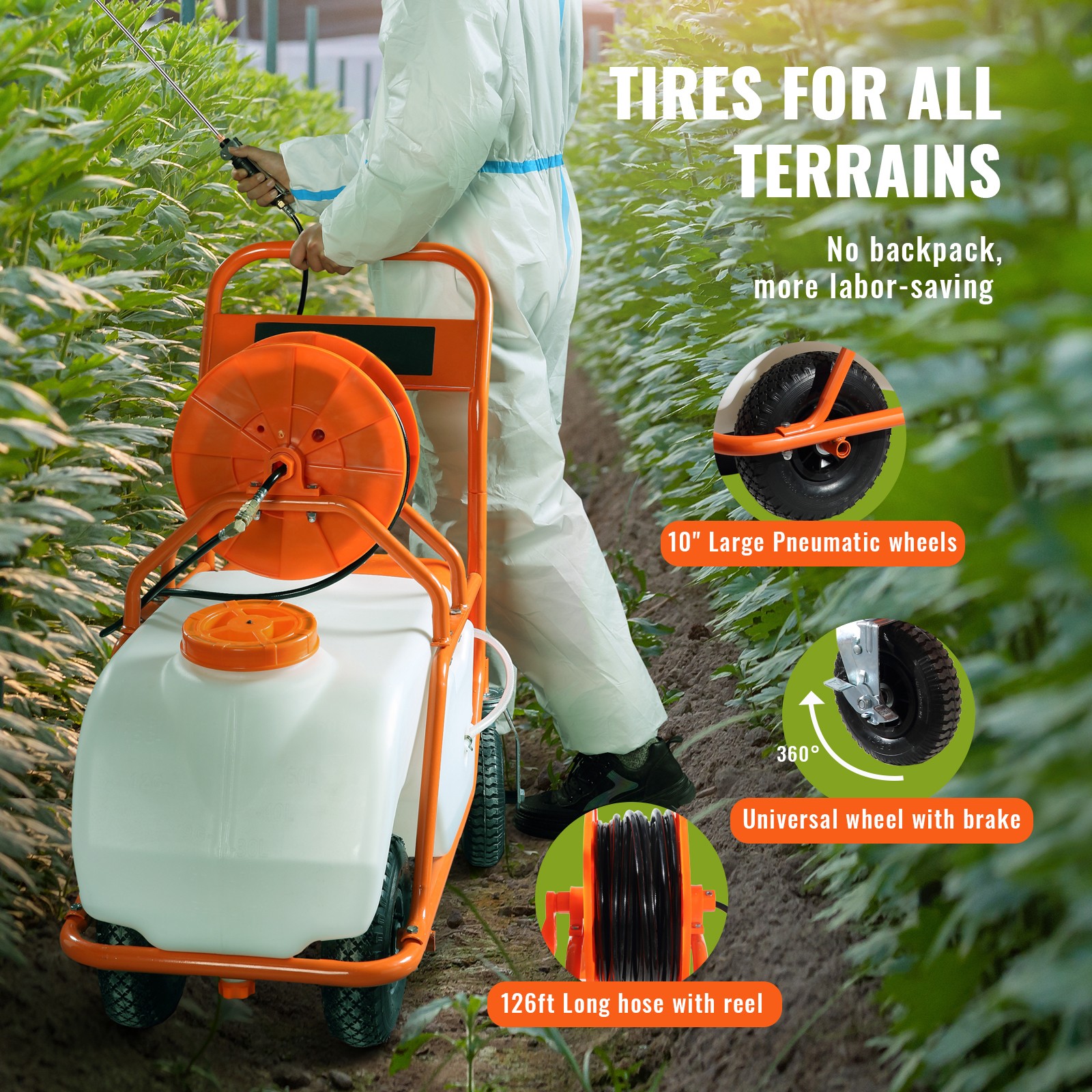 VEVOR Battery Powered Lawn Sprayer Cart Sprayer 15 Gal Tank w/ Wheels 0-90 Psi