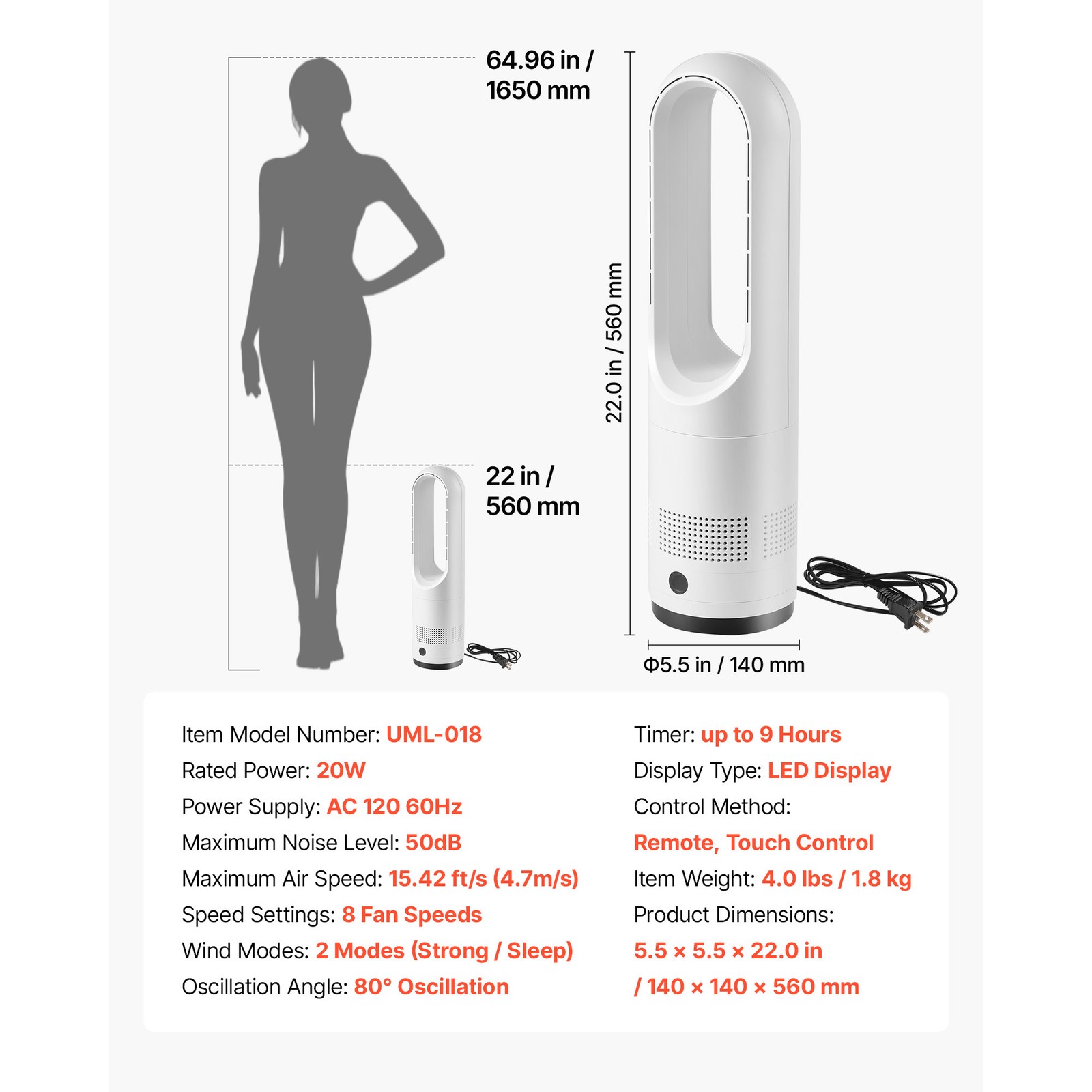 Uimoso Bladeless Tower Fan with Remote, 80° Oscillation, 8 Speeds, White